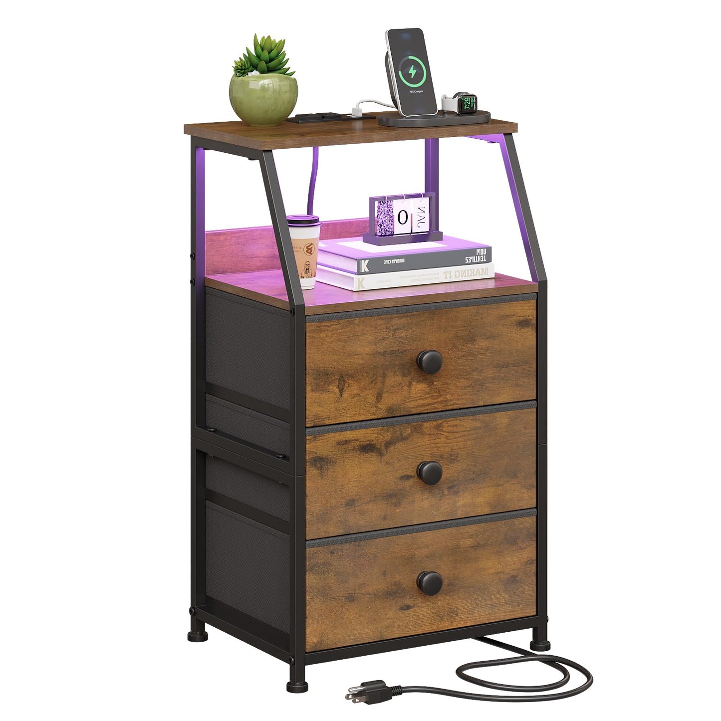 GiftGo Nightstand with Charging Station Led Light and 3 Fabric Drawers Bedside Sofa Side End Table for Bedroom Living Room (Rustic Brown, 3 Drawers)