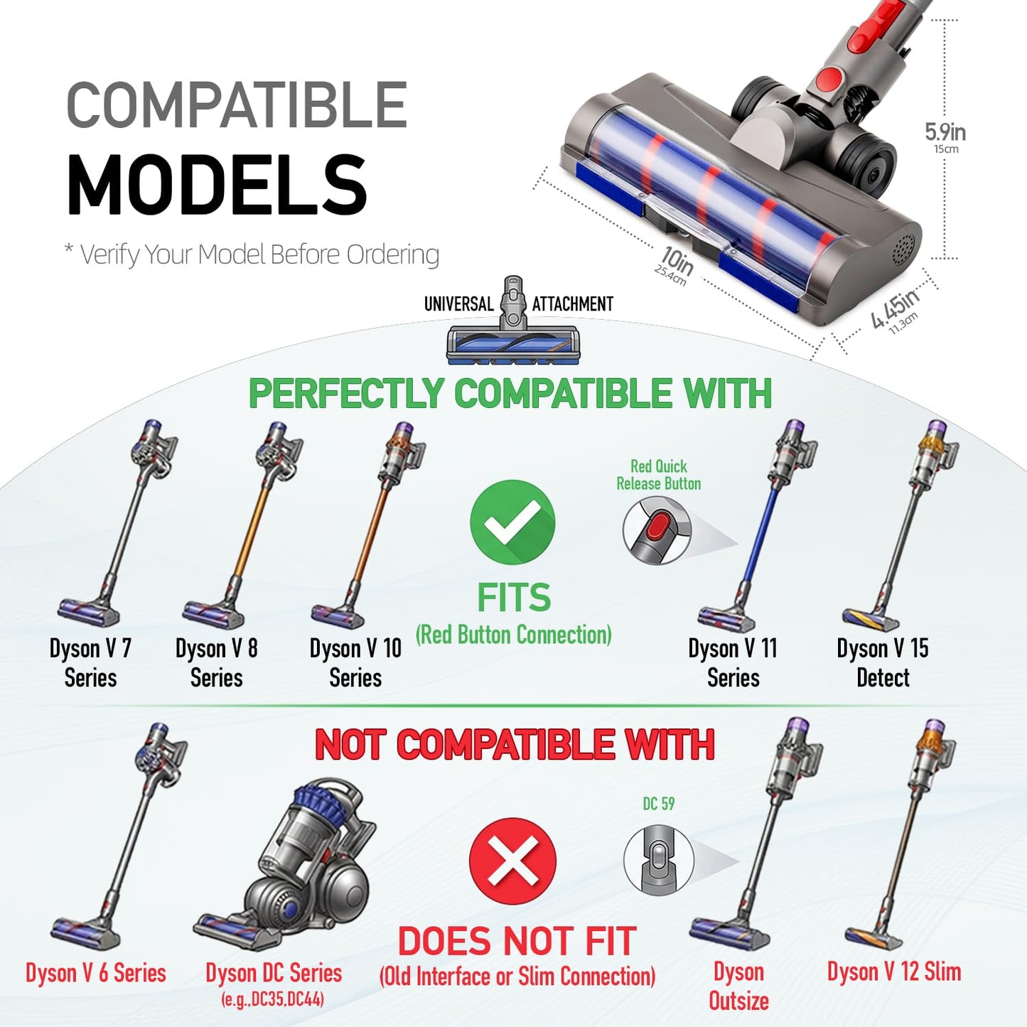 Upgrade Anti-Tangle Replacement Head for Dyson: V7 V8 V10 V11 V15 Motorized Vacuum Head with Green LED and Engineered Wheel - 60% Effortless Glide for Carpet & Hard Floor