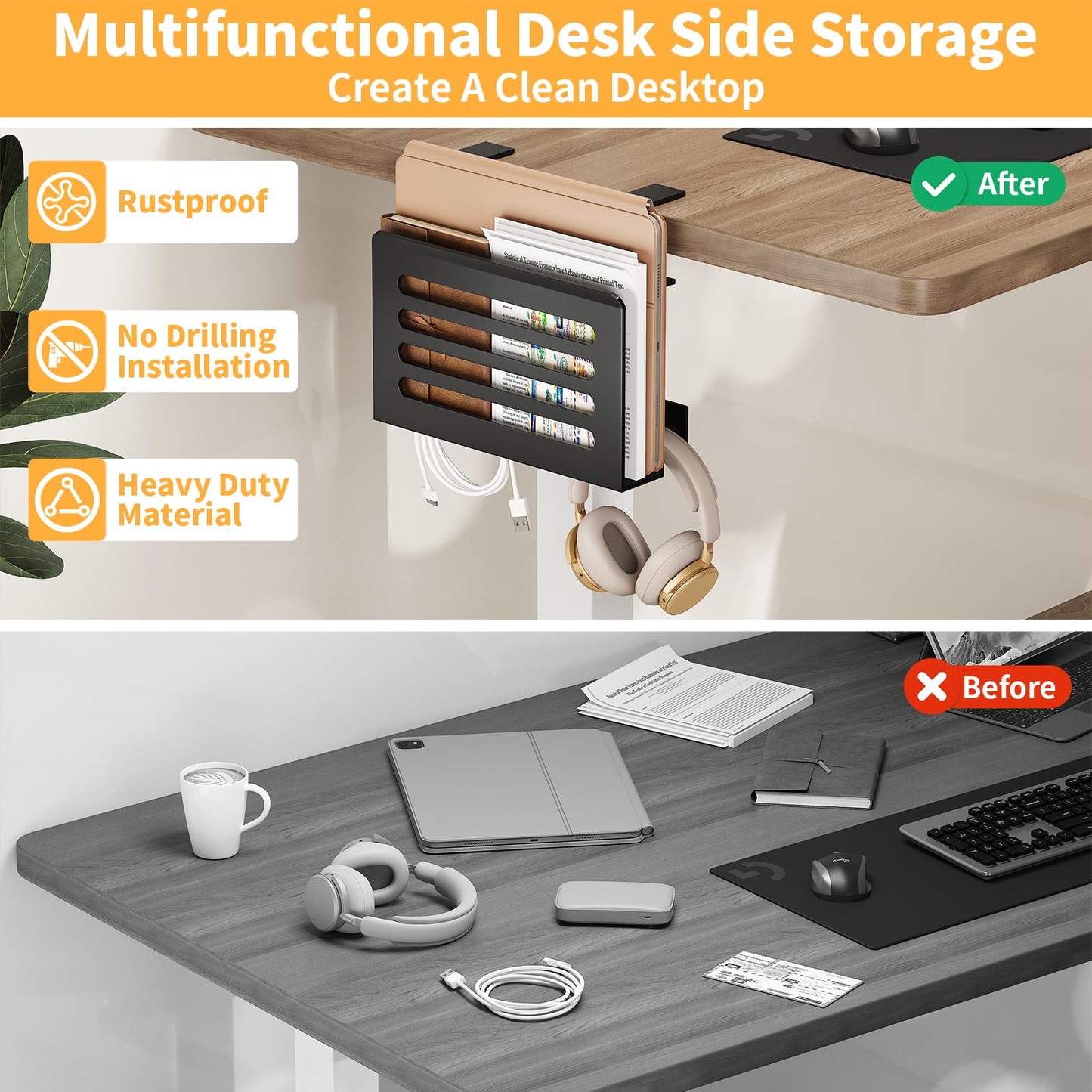 ROLIZOE 3 in 1 Desk Side Storage No Drilling Under Desk Laptop Holder with Headphone Hook & Cable Management Tray, Under Desk Storage Steel Clamp Anti-Slip Magazine File Holder for Desk Accessories