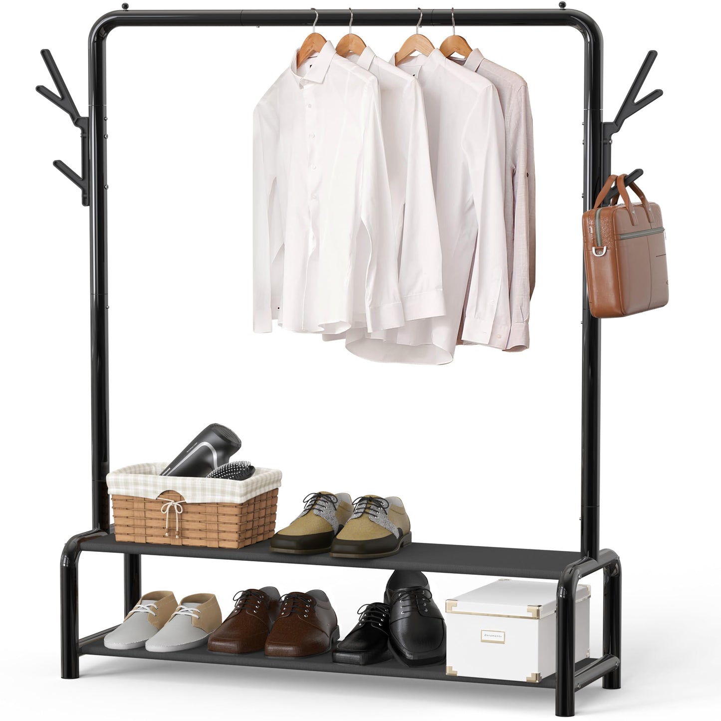 Simple Houseware 52-Inch Garment Rack with Storage Shelves and Coat/Hat Hanging Hooks, Black