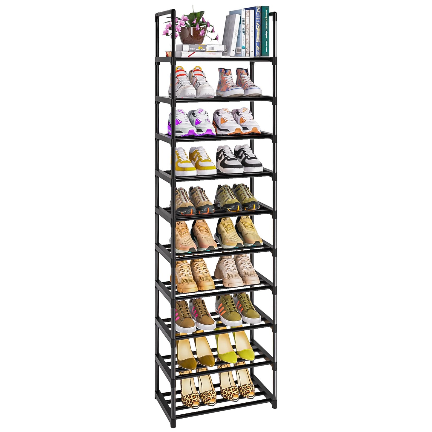 OYREL 10 Tier Shoe Rack,Sturdy Metal Shoe Organizer, Narrow Shoe Rack, Shoe Racks for Closets, Black Shoe Shelf