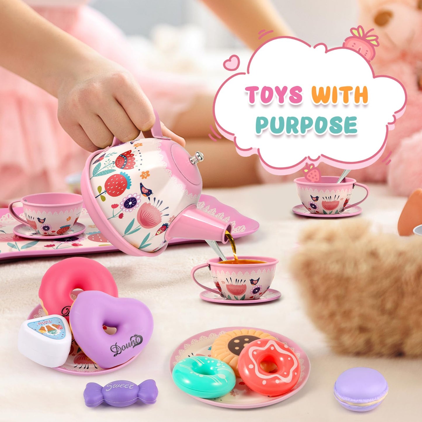 Flower Tea Set for Little Girls, Birthday Gift for Age 3 4 5 6 Year Old, Toddler Toys Tea Party Set for Little Girls, Princess Kids Kitchen Pretend Toy with Tin Tea Set, Desserts & Carrying Case