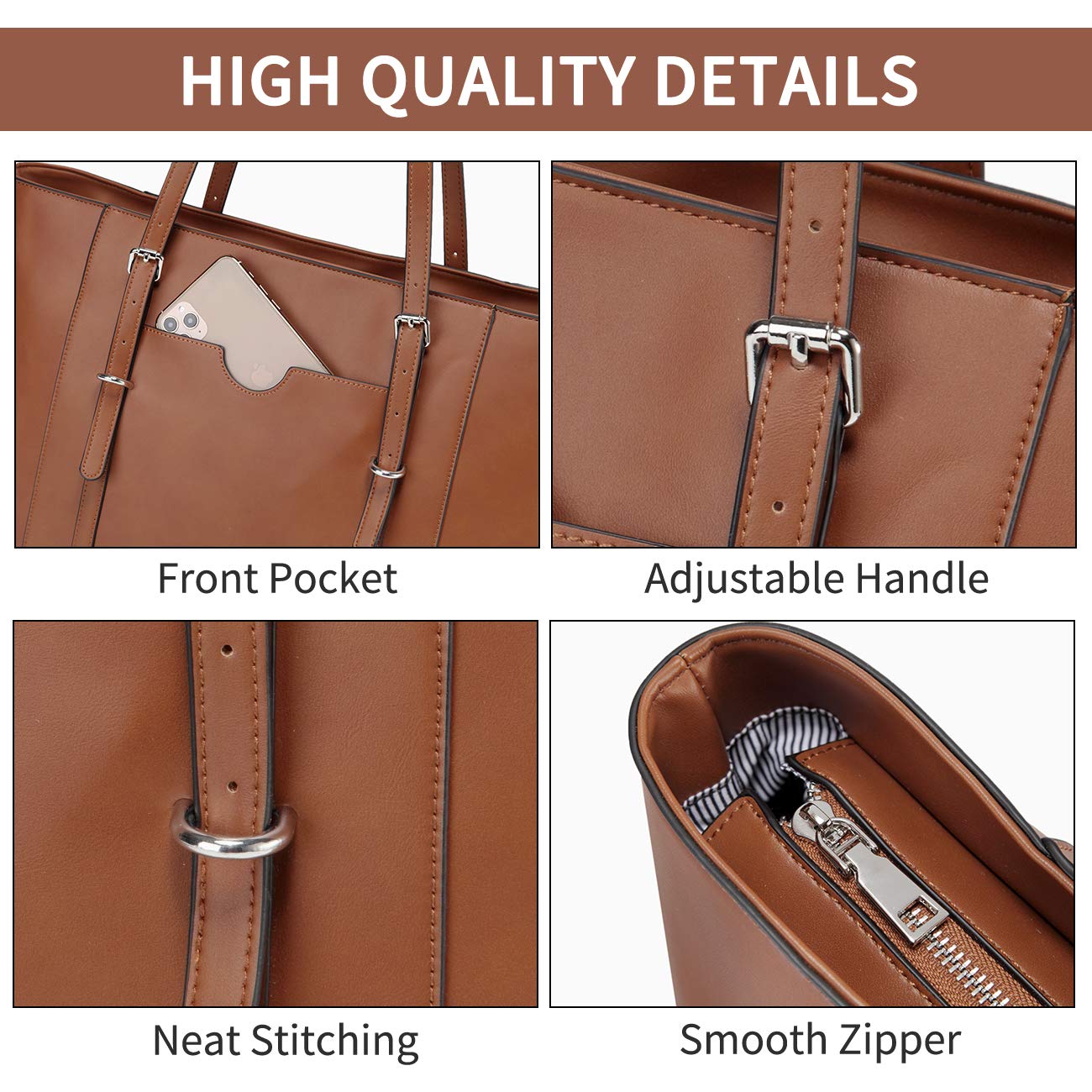 Laptop Tote Bag for Women, VASCHY PU Leather Water Resistant 15.6 inch Satchel, Large Teacher Shoulder Bag for Travel, Work Brown