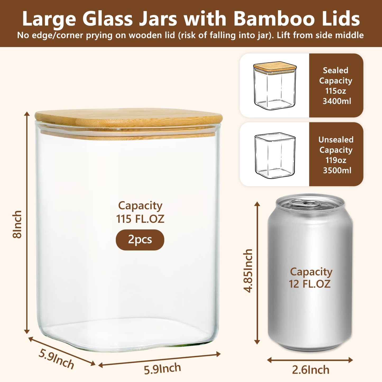 KEYWING 115oz Glass Food Storage Containers with Bamboo Lids, 2 Pack Large Square Airtight Glass Jars for Flour, Sugar, Cereal, Rice, Pasta & Coffee Beans