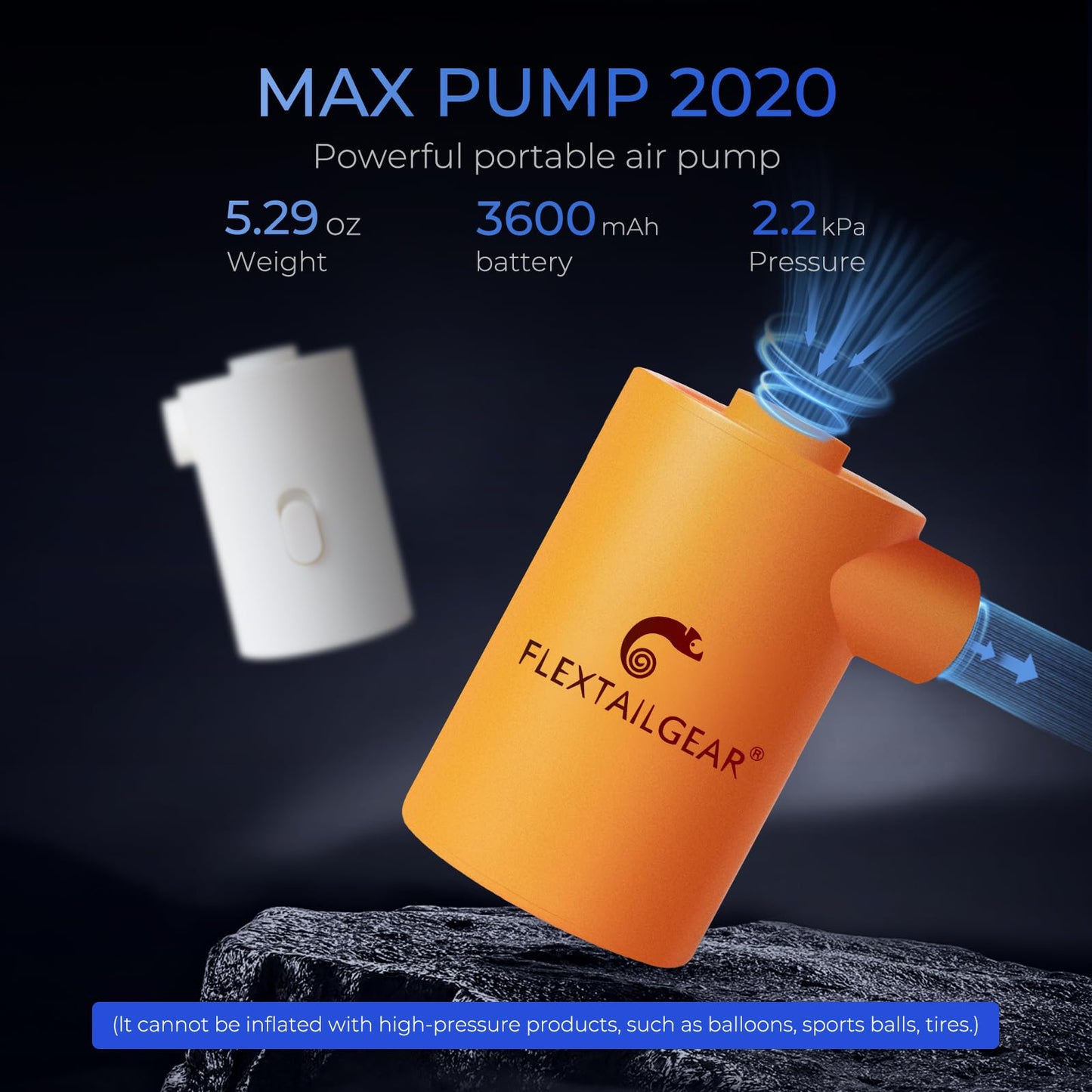 FLEXTAILGEAR MAX Pump 2020 Portable Air Pump with 3600mAH Battery USB Rechargeable Air Pump Inflate Deflate for Air Mattress, Pool Toys, Floats, Swimming Ring, Air Bed, Vacuum Storage Bags (Orange)