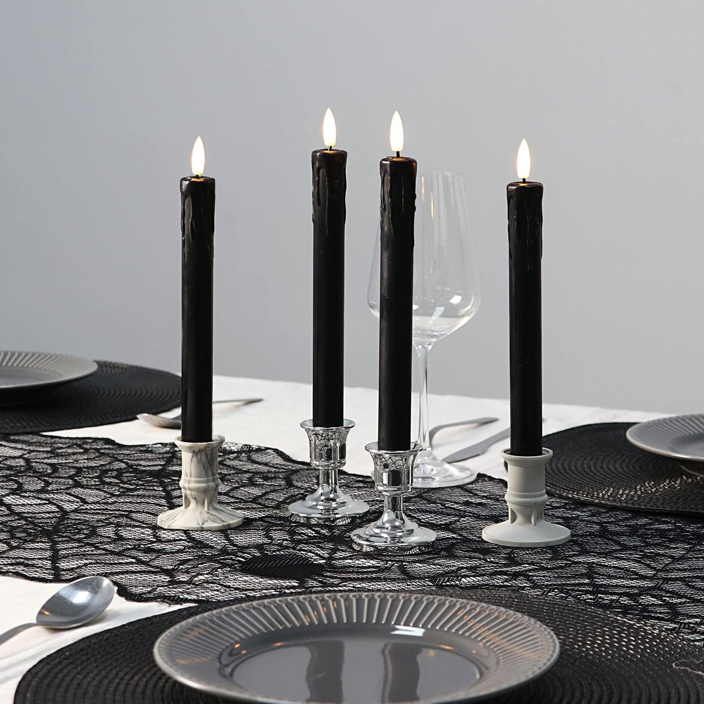 Fanna Black Flameless Taper Candles with 2 Remotes, Real Wax Battery Operated Candles with Timer for Halloween,10" Set of 6