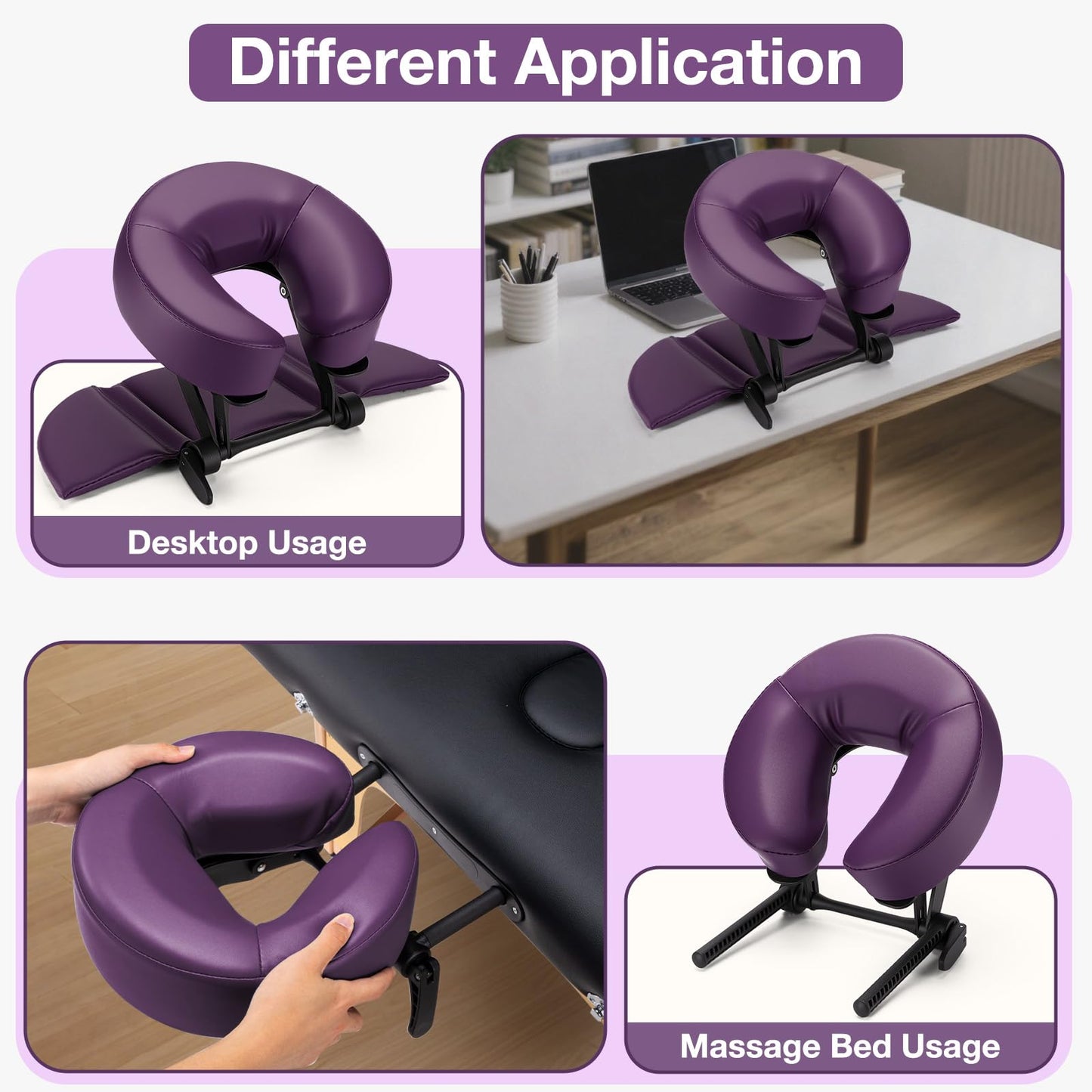Udefineit Face Down Tabletop Massage Kit, Adjustable Headrest Face Cradle with Hand Rest Pad, Universal Desktop Home Mattress Massage Pillow Cradle, Support & Soft Memory Foam Pillow (Purple)