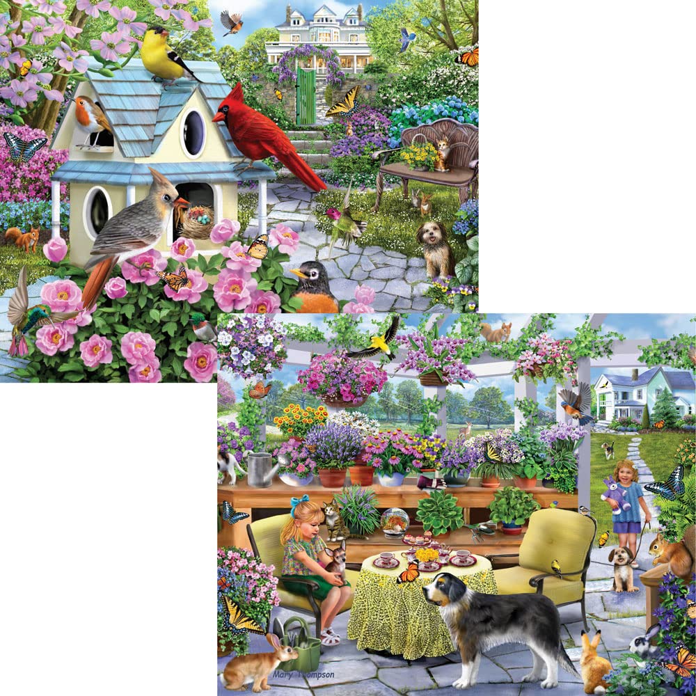 Bits and Pieces – Multipack of Four (4) 300 Piece Jigsaw Puzzles for Adults - Puzzles Measure 40 cm x 61 cm – 300 pc Greenhouse Tea Party, Gardens, Footbridge, Gazebo Jigsaws by Artist Mary Thompson