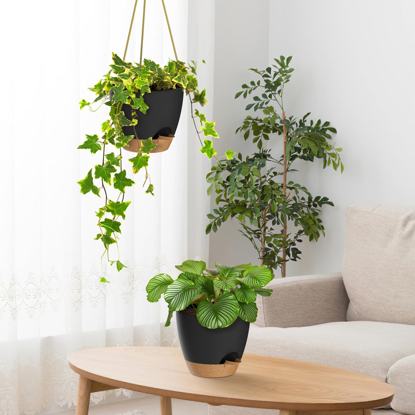 ZMTECH 8 Inch Hanging Planters for Indoor Outdoor Plants 2 Pack Self Watering Hanging Plant Pots with Drainage Holes and Removable Saucer Plastic Flower Hanging Pots with Watering Lip (Black)