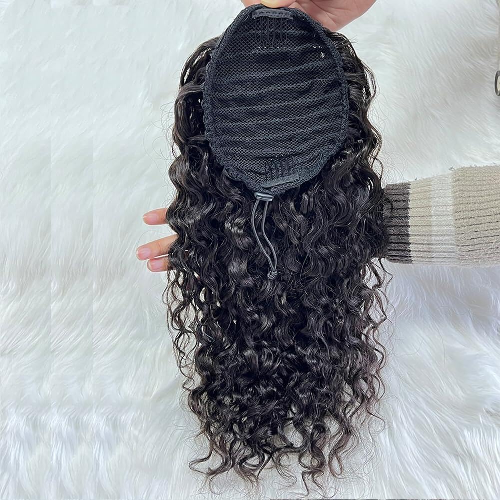 Datanala Water Wave Ponytail Extensions Human Hair Drawstring Ponytail Extension Brazilian Remy Water Wave Human Hair Ponytail Clip in Hair Extensions Nature Black Color for Black Women (18Inch)
