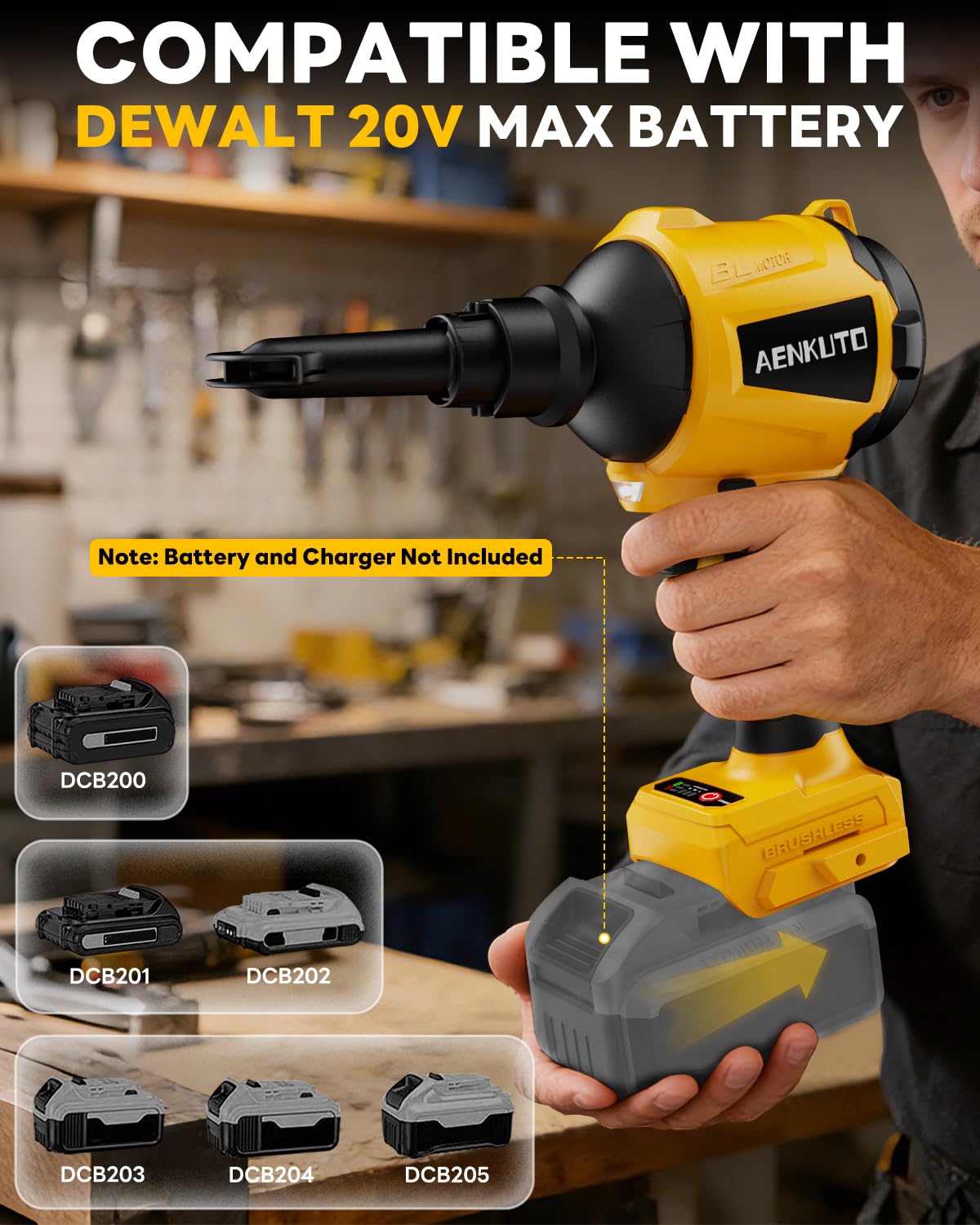 Cordless Compressed Air Duster & Blower, Brushless Handheld Dust Air Blower, 3-Speed Control, 7-in-1 Nozzles, Portable Inflatable Pump for Camping (No Battery) (For Dewalt 20v MAX Battery(No Battery))