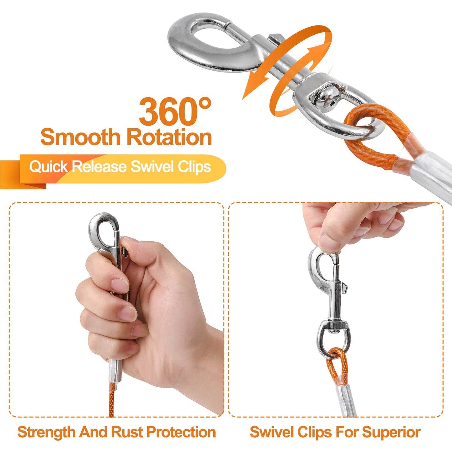 Mi Metty Tie Out Cable for Dogs, 10/20/30/50/ 100FT Dog Leads for Yard Chew Proof, Heavy Duty Dog Tie Out Cable for Large Dogs Up to 120lbs (Orange, 125Ibs 100ft)