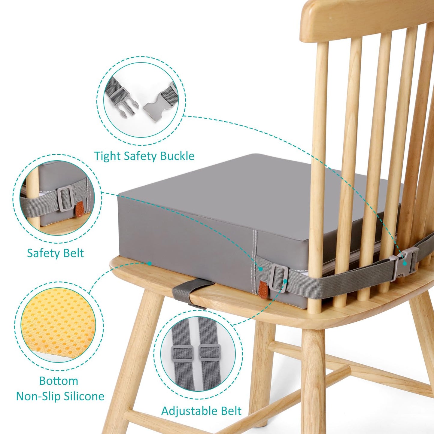 YONTINY Booster Seat for Eating Toddler, Washable PU Kitchen Chair Booster Seat with Double Adjustable Safe Straps, Non-Slip Bottom, Baby Portable Travel Camping Increasing Cushion
