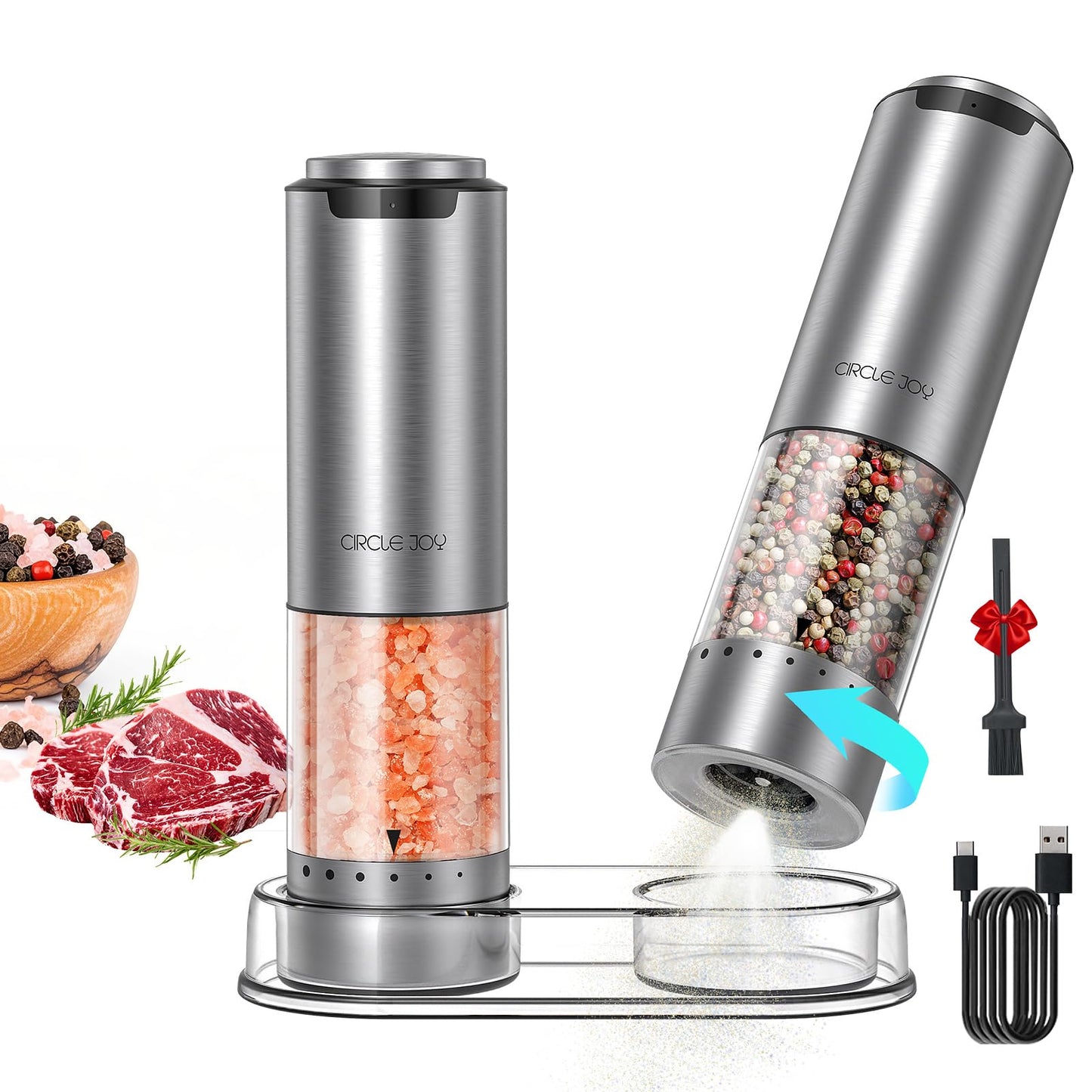 CIRCLE JOY Electric Rechargeable Salt and Pepper Grinder Set with 6 Levels Adjustable Coarseness, Stainless Steel Electric Salt Mill and 95ml Refill Container, White LED Light, Storage Base