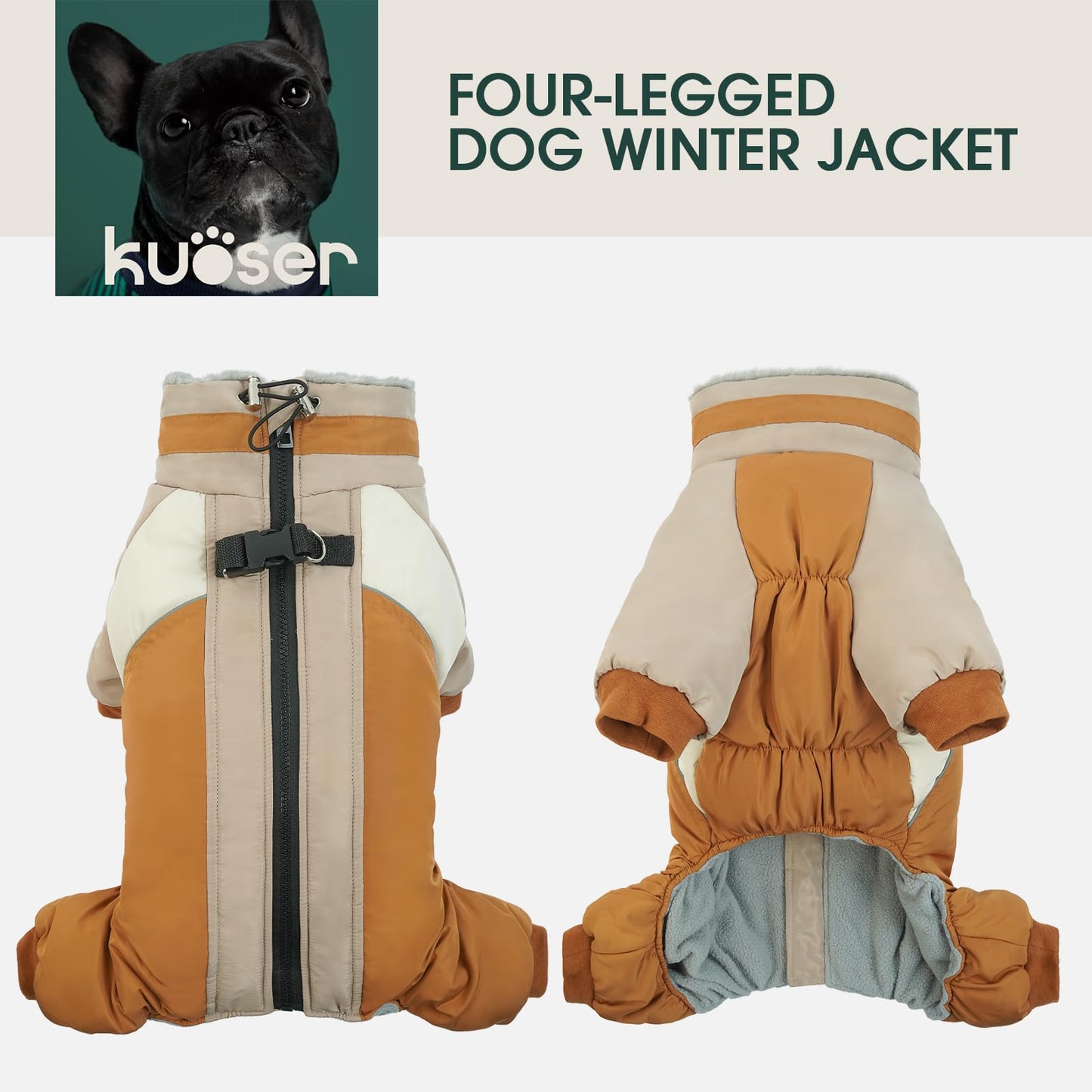 Kuoser Fullbody Dog Coat - Warm Winter Coat with Reflective Jacket & Built-in Harness for Small Dogs - Suitable for Yorkie, Bichon Frise, Shih Tzu (Brown S)