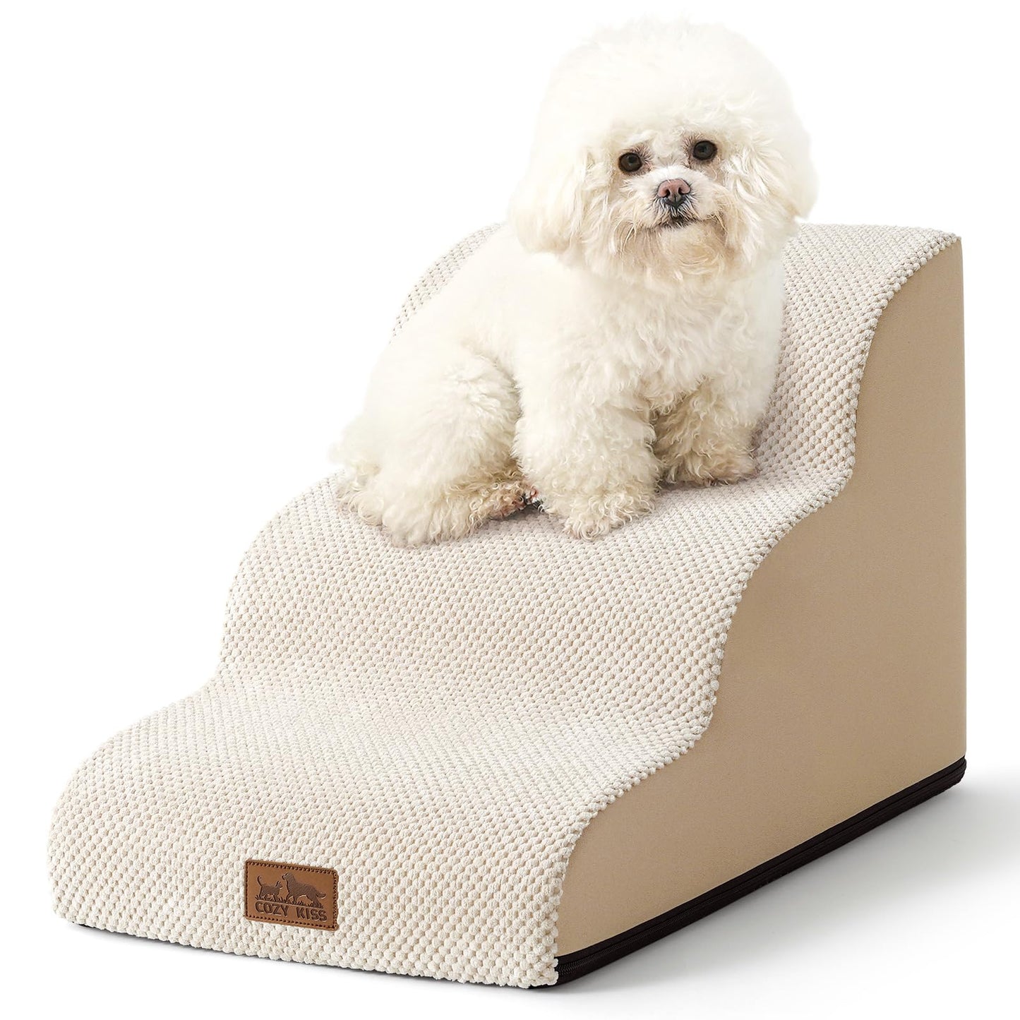 COZY KISS Dog Stairs for Small Dogs 15.7" H, Pet Step with Leakproof Cover, High Density Foam Cat Ramp for Couch, Sofa or Chair, Lightweight, Durable, Comfort, 15.7x22.4x15.7 inch, 3 Step, Beige