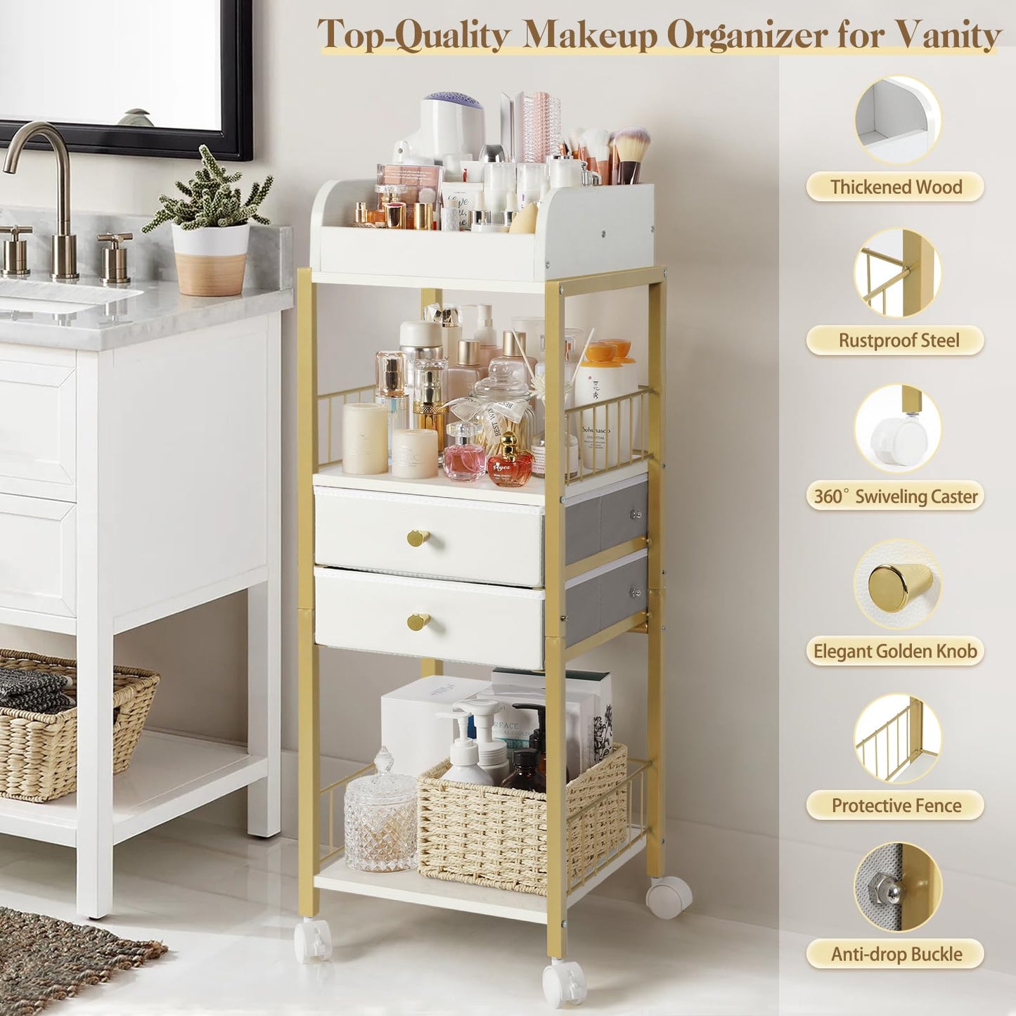 Makeup Organizer, Floor Skincare Organizers, Make Up Organizers and Storage with Drawers, Vanity Organizer Cosmetics Display Case Holder for Skin Care Nail Polish Perfume Makeup brush Hair Tool (Gold)