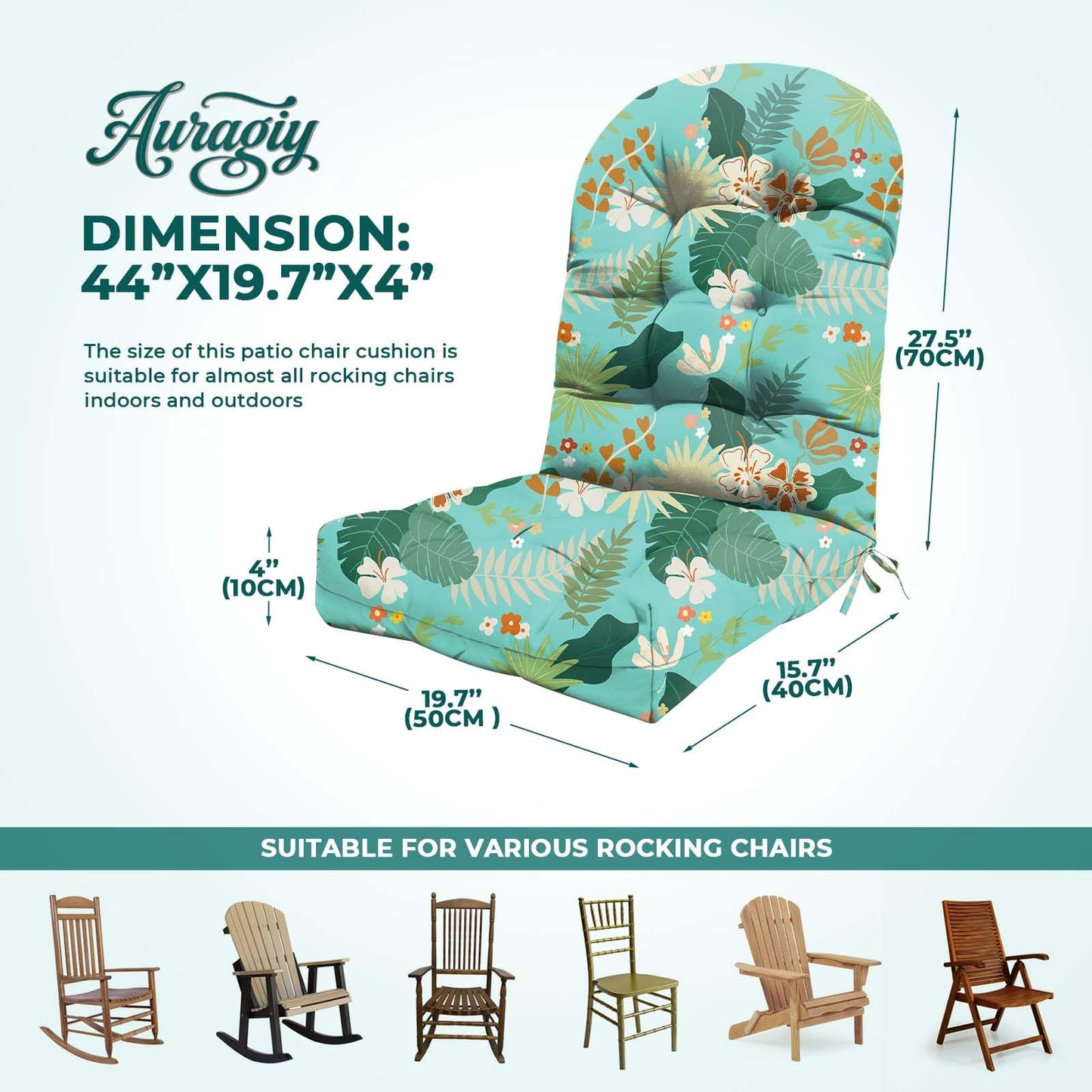 Waterproof Adirondack Chair Cushion, Thickened Adirondack Rocking Chair Cushion，Indoor Outdoor Rocking Chair Cushions High Back Patio Chair Cushions with Ties，43x19x4 Inches, Cyan Flower