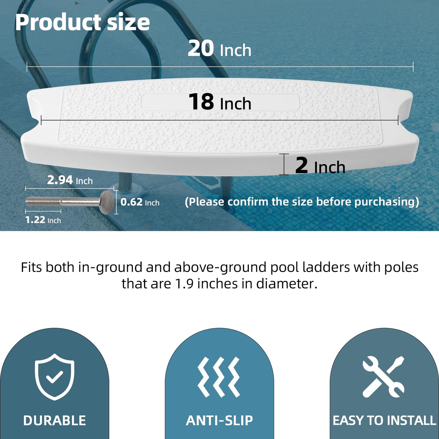 TonGass (3-Pack, White) 18" Universal Swimming Pool Ladder Rung Step Replacement with Stainless Steel Bolts Compatible with Inground Above Ground Pool Heavy-Duty Molded Plastic Ladder Step Parts