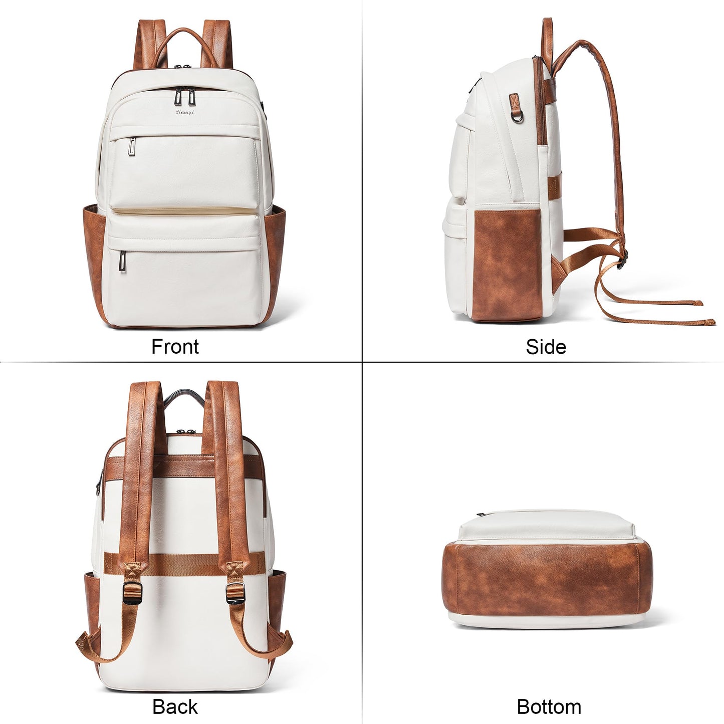 TIAMYI Vegan Leather Backpack for Women Travel Back pack with 15.6 inch Laptop Compartment, Vintage Ladies Computer Backpack, Beige