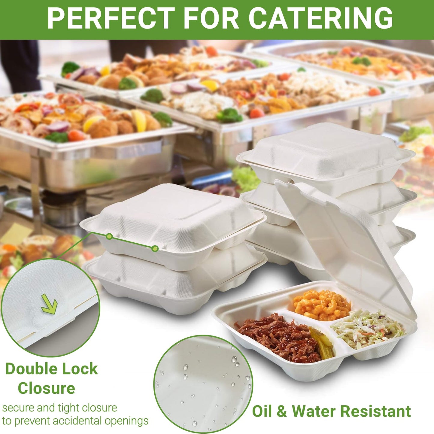 8X8" 3 Compartment 80-Pack Plastic Clamshell Take Out Food Containers, Heavy Duty To-go Disposable Lunch Box For Cake, Sandwich, Salad,Dessert, Restaurant Meal Prep Packaging Catering Hinged Container