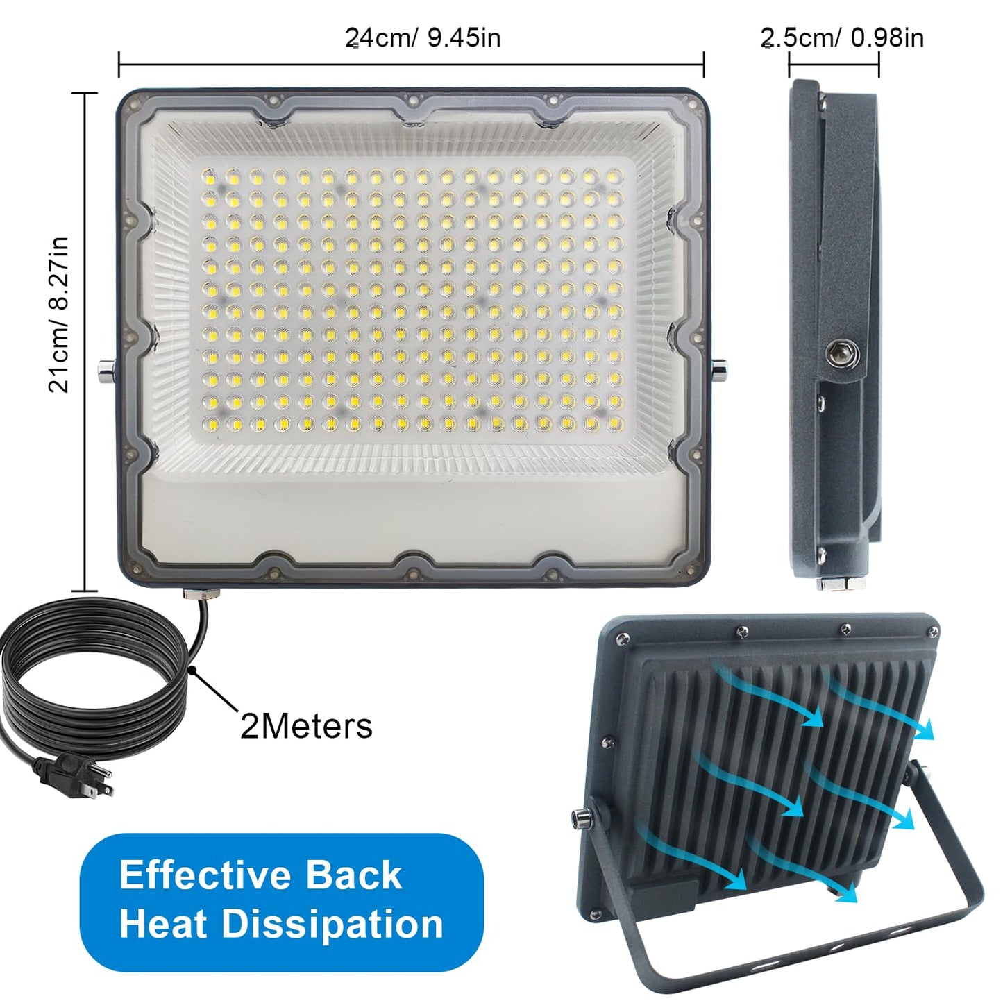 200W LED Flood Lights Plug in, Security Light Fixtures 6500K 20000LM Illumination, IP66 Waterproof Outdoor White Lighting Projects for Ball Ground, Parking Lot, Pathway, Yard, Garden, Garage (2 Pack)