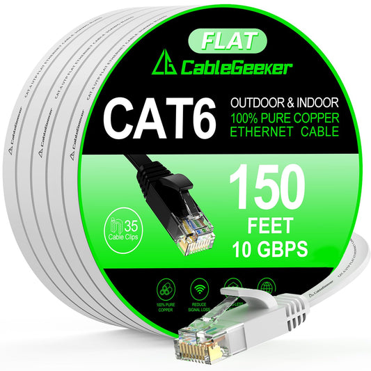 Cat 6 Ethernet Cable 150 ft White, Flat Cat6 Internet Network Cable, High Speed 10Gbps Computer Cord with 35 Clips & 4 Straps, RJ45 LAN Patch Cord for Outdoor, Indoor, Modem, Router, PS4/5