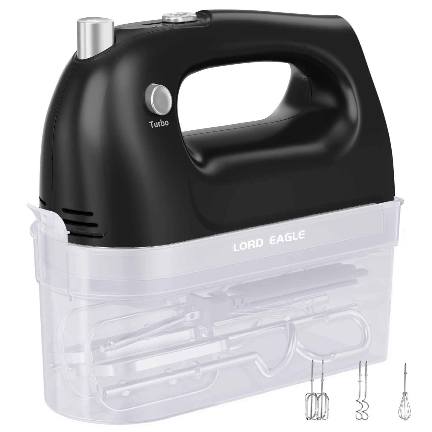 Lord Eagle Hand Mixer Electric Handheld 400W, 5-Speed Lightweight Kitchen Mixer with Storage Case, 5 Stainless Steel Attachments for Baking Cake Egg Cream Food Beater, Turbo+Eject Button, Black