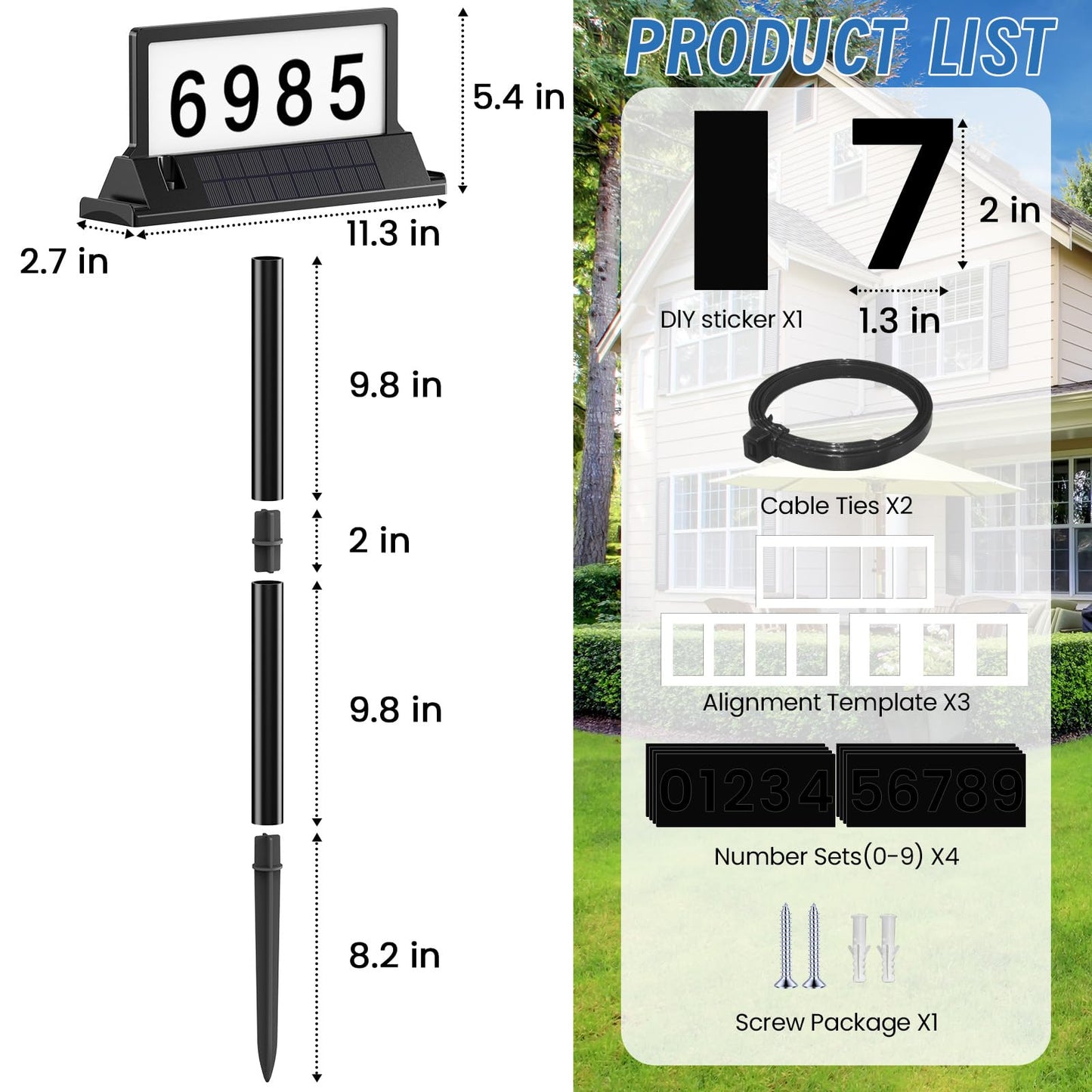 Solar Address Sign for House Numbers – Dual-Sided LED & Dual-Sided Solar Panels, 8 Color Modes, IP65 Waterproof Address Plaque, Strong Magnetic/Stake/Wall Mount, Dusk-to-Dawn for Mailbox Yard Driveway