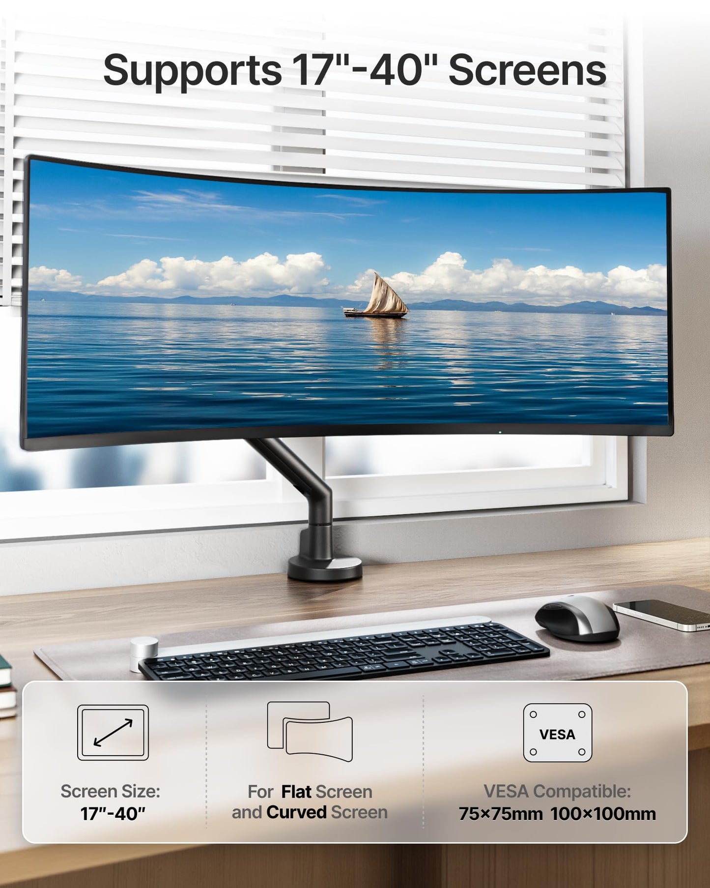 monTEK Single Monitor Arm for 17-40 Inch Screens, Heavy Duty Full Motion Monitor Mount Up to 26.4bs, Aluminum Monitor Stand with VESA 75/100mm, C-Clamp/Grommet Base for Curved Screens, MA1010BK