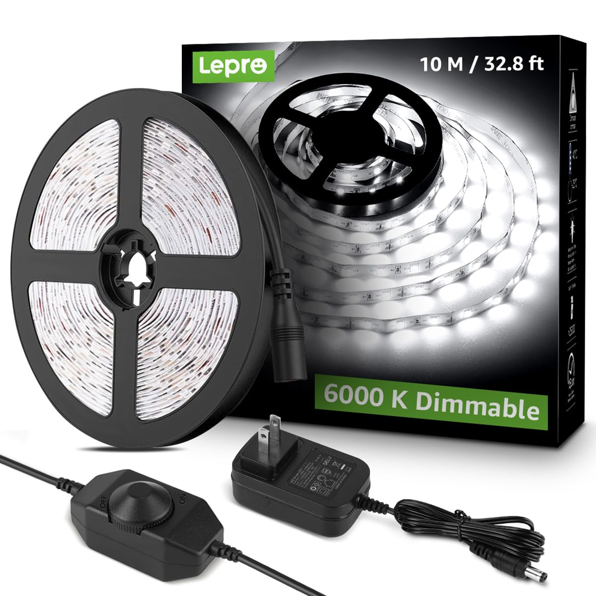 Lepro led Light Strips, 32.8ft LED Lights, Dimmable Under Cabinet Lighting, Super Bright LED Tape Lights, 420 LEDs SMD 2835, Suitable for Home, Kitchen, Under Cabinet, Bedroom, Daylight White (6000K)