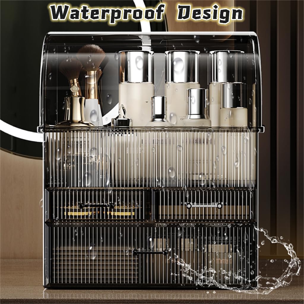 Makeup Storage Organizer, X-Large Acrylic Cosmetics Organizer Skincare Display Case with Drawers, Perfume Makeup Organizer Box with Waterproof Cover for Countertop, Bathroom, Dresser(Black-XL)