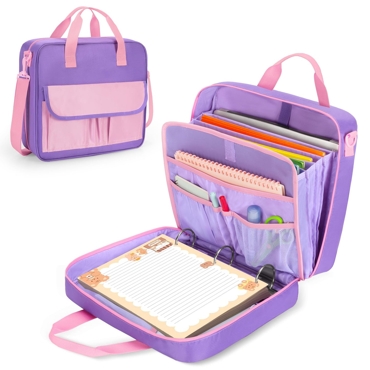 Yarwo File Organizer for Boys and Girls, 3 Ring Binder Holds 500 Sheets with 5 Expanding Files and Adjustable Strap, Large Zipper Binder Bag for Learning Tablet and Stationery, Purple (Bag Only)