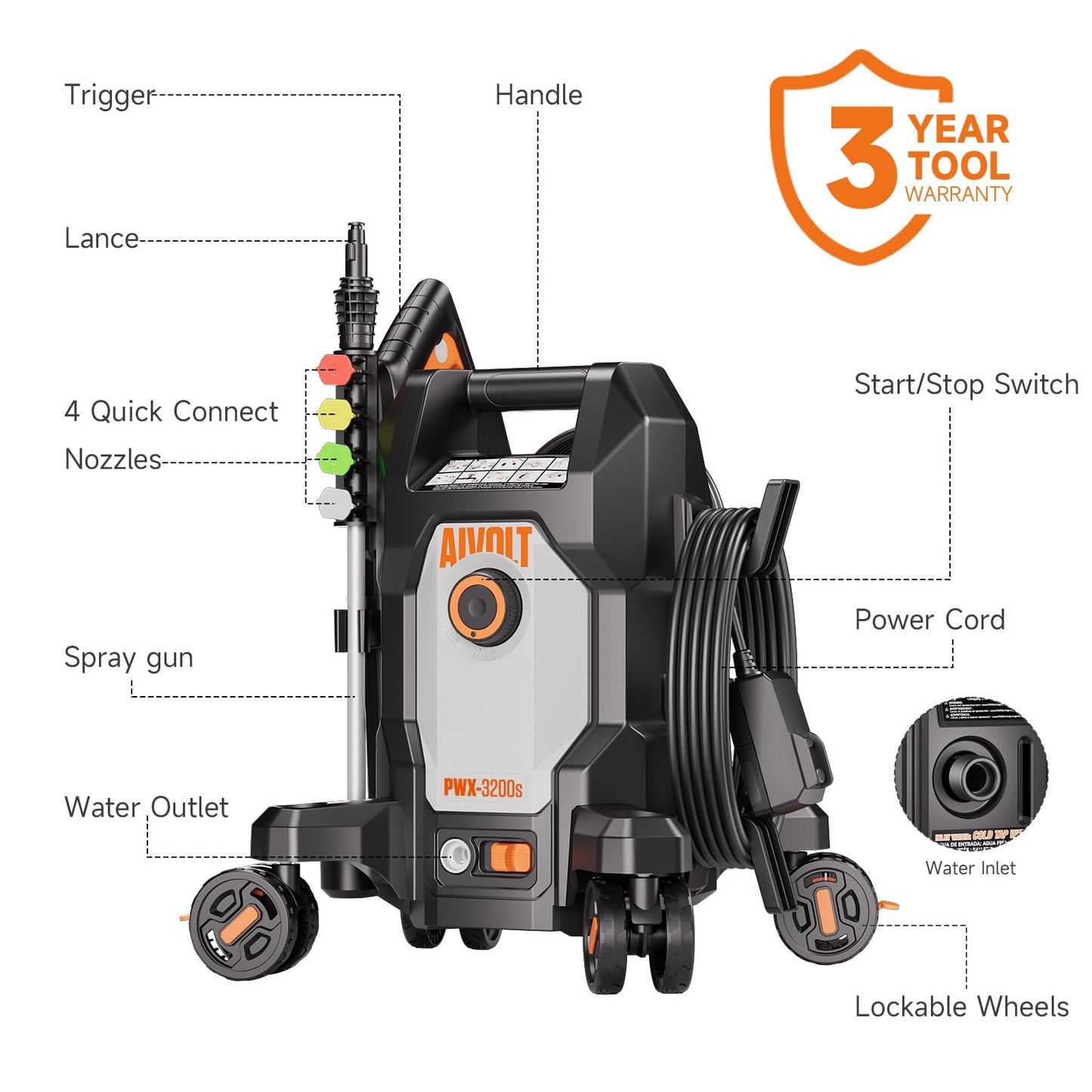 AIVOLT Electric Pressure Washer, Anti-Tipping Power Washer Pressure with 36FT Cable & 25FT Hose, 4 Nozzles, Soap Tank, High Pressure Cleaner Machine for Car Washing, House, Garden