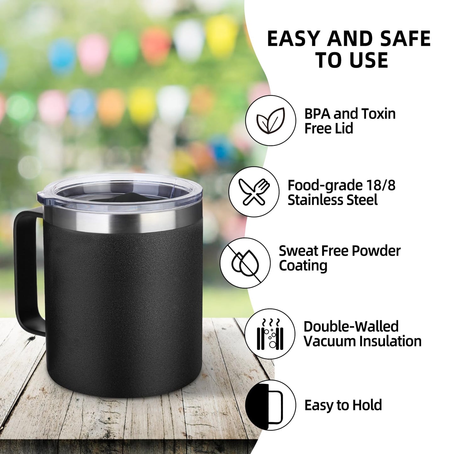 Volhoply 14oz Insulated Stainless Steel Coffee Mug with Lid Bulk 8 Pack,Double Wall Vacuum Travel Coffee Cup with Handle,Reusable Metal Cups Tumbler,Camping Mugs Keep Hot/Cold(Black,8)