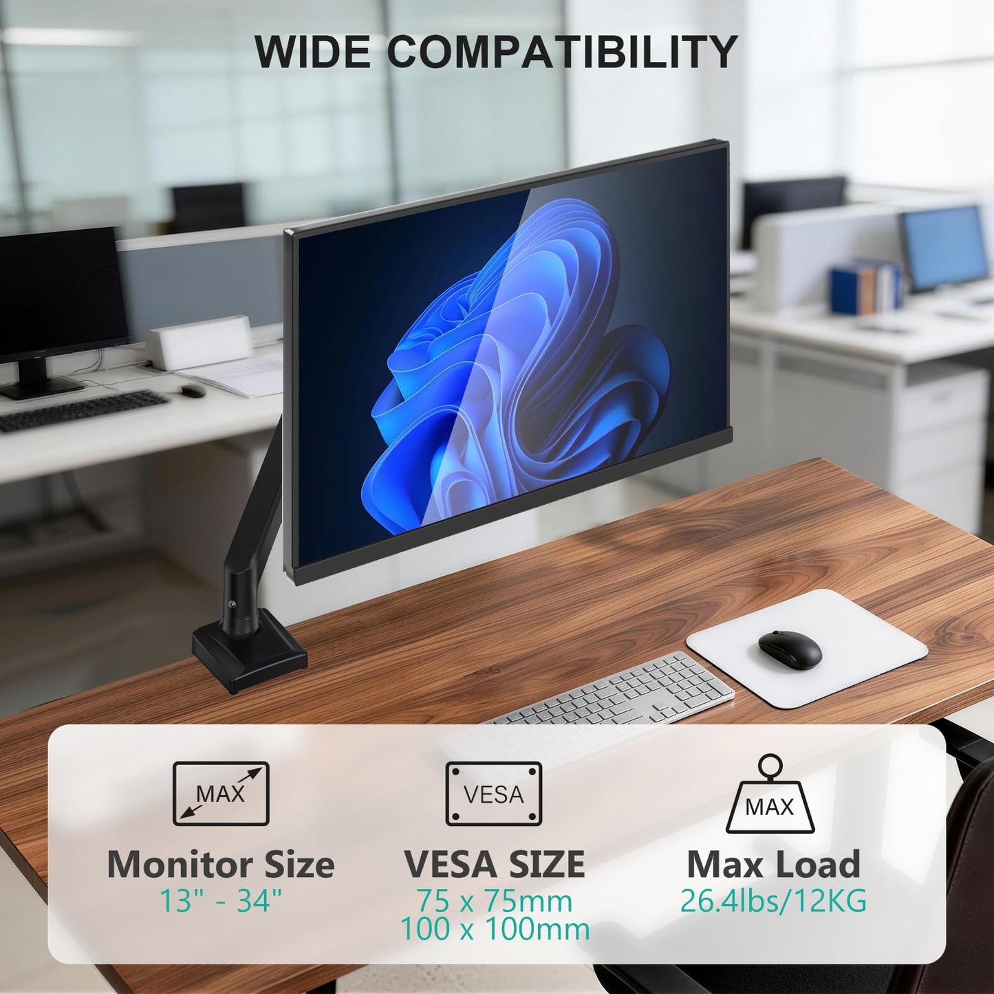 WALI Single Monitor Arm for 13-34 inch Screens, Ergonomic Monitor Mount up to 12kg/26.4lbs, Adjustable Monitor Arm Desk Mount with Clamp and Grommet Base, VESA 75/100mm (GSMP001N), Black