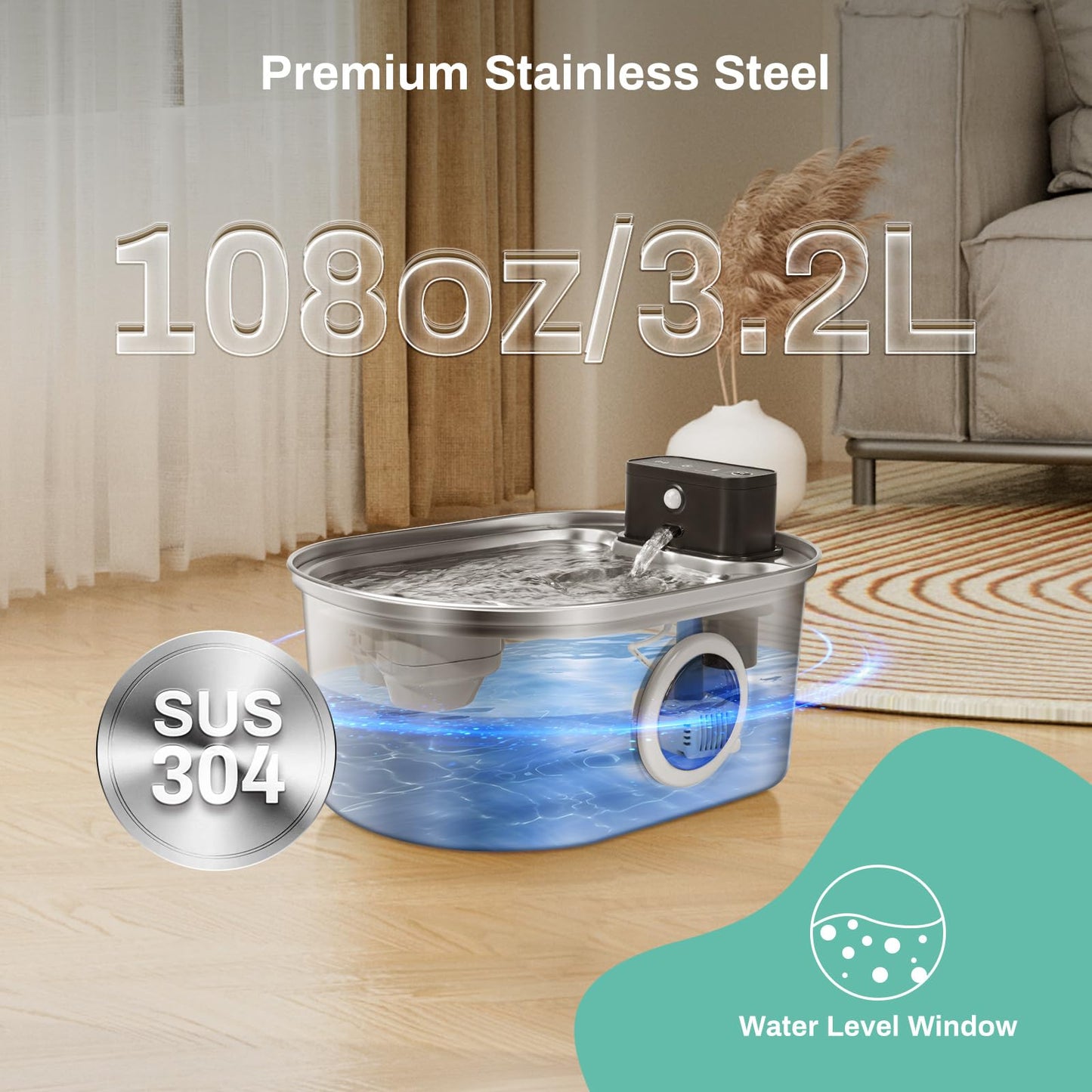 BFLICROY 3.2L Cordless Cat Water Fountain, Automatic Stainless Steel Pet Water Fountain with Motion Sensor, 4,000mAh Rechargeable Battery Operated Cat Water Dispenser, Ultra Quiet Drinking Fountain