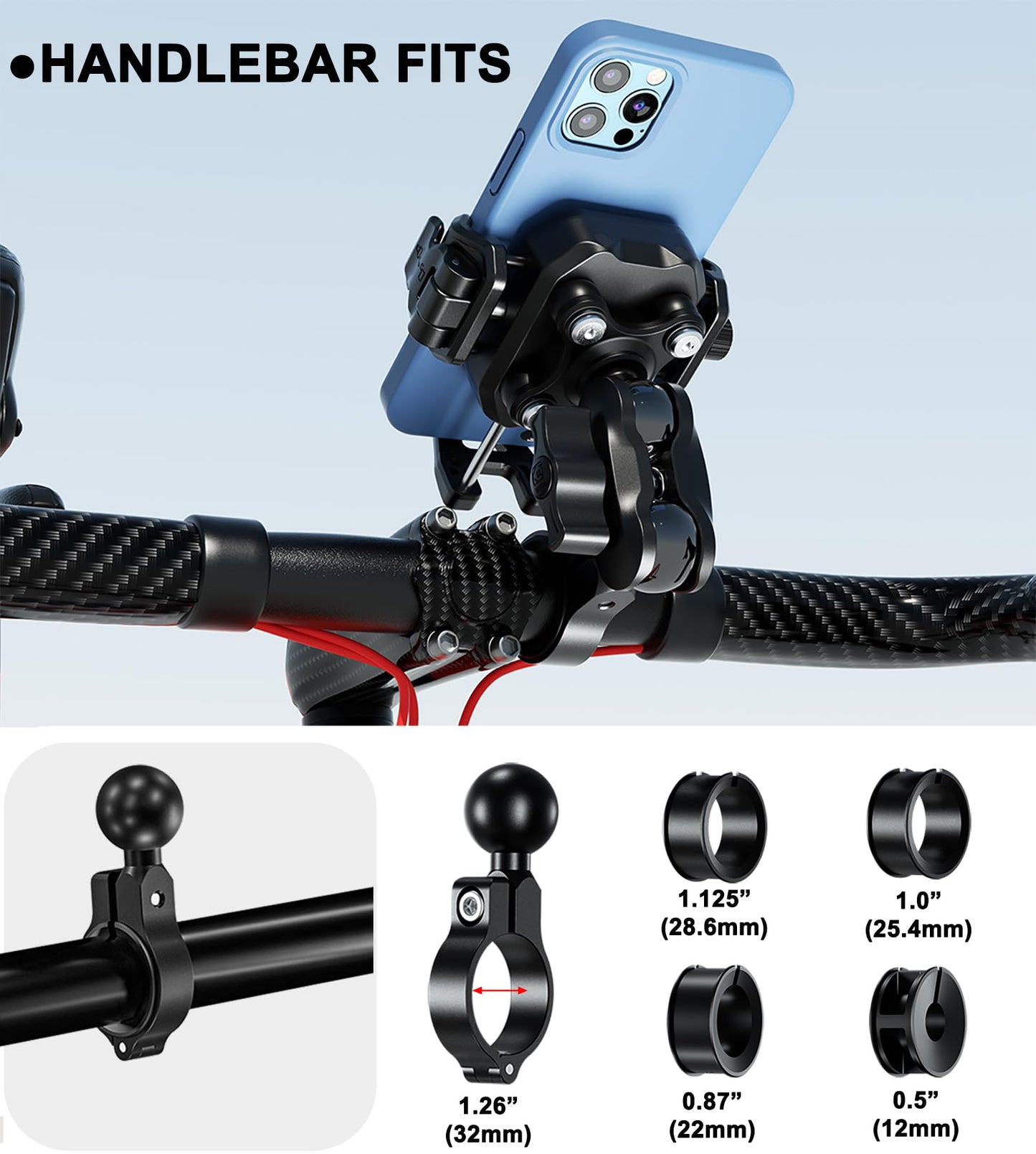 iMESTOU Anti-Vibration Phone Mount for Motorcycles and Bikes with Shock Absorbers & Anti-Theft Design, 1" Ball Phone Mount Suitable for 5.2"-7.2" Up to 15mm Thick Phones, Fits for 22-32mm Handlebars