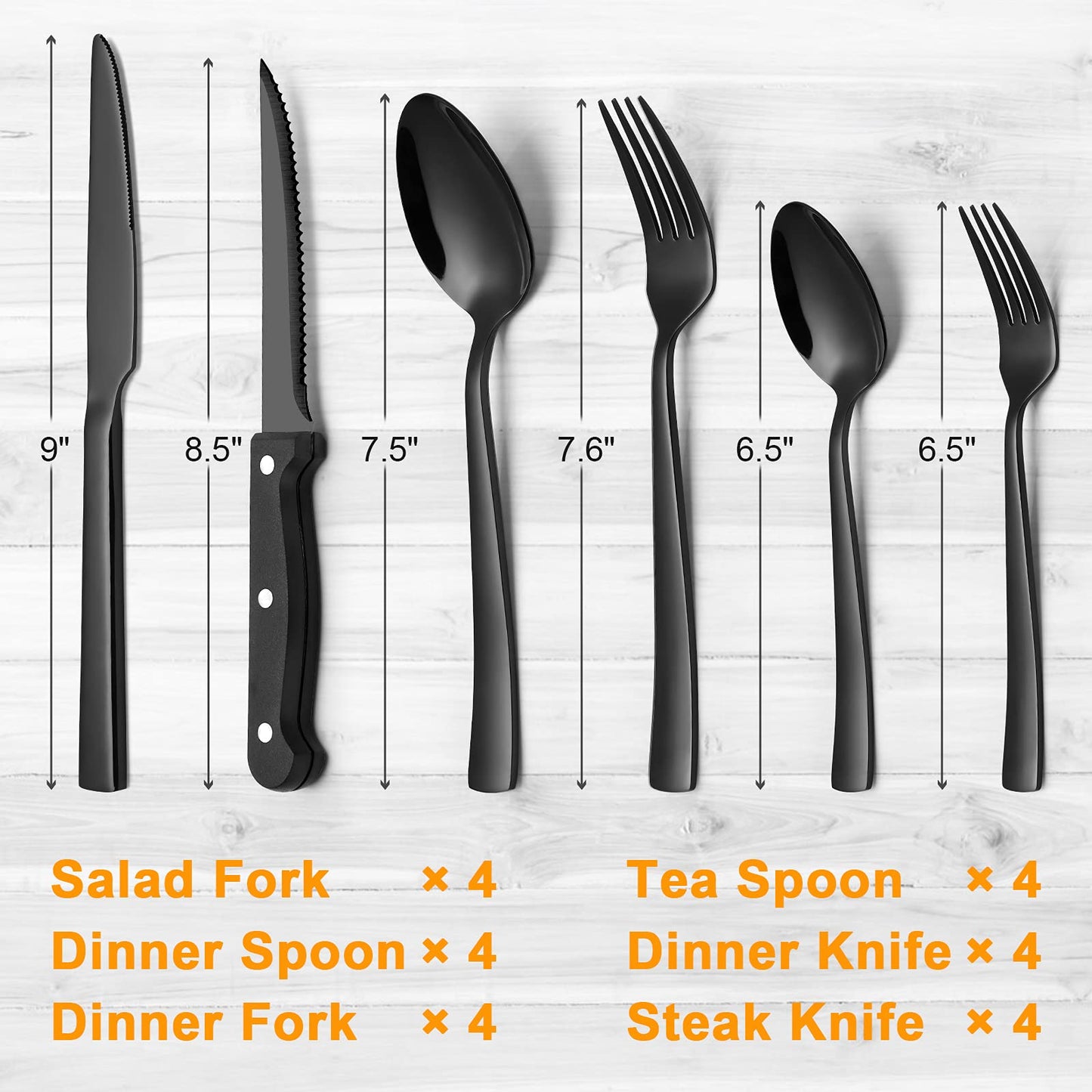24-Piece Stainless Steel Black Silverware Set - CEKEE Flatware Kitchen Utensils Cutlery Set for Home & Restaurant, Premium Knife Fork Spoon with Steak Knives, Heavy Duty & Dishwasher Safe