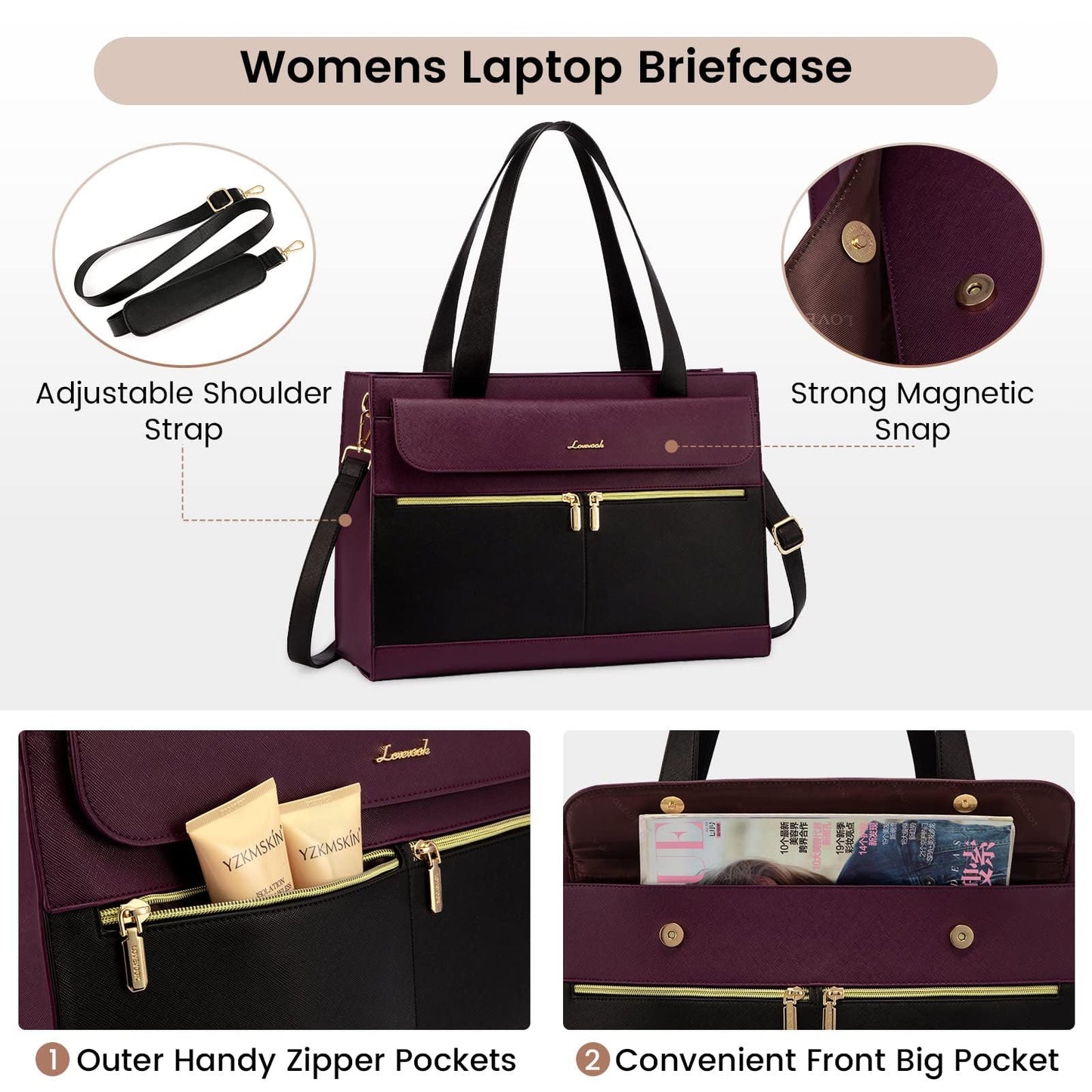 LOVEVOOK Laptop Bag for Women Leather 15.6 Inch Laptop Tote Work Bag Professional Shoulder Bag Computer Briefcase Waterproof Handbag Business Teacher Office Bag Crossbody Purse, Black-Purple