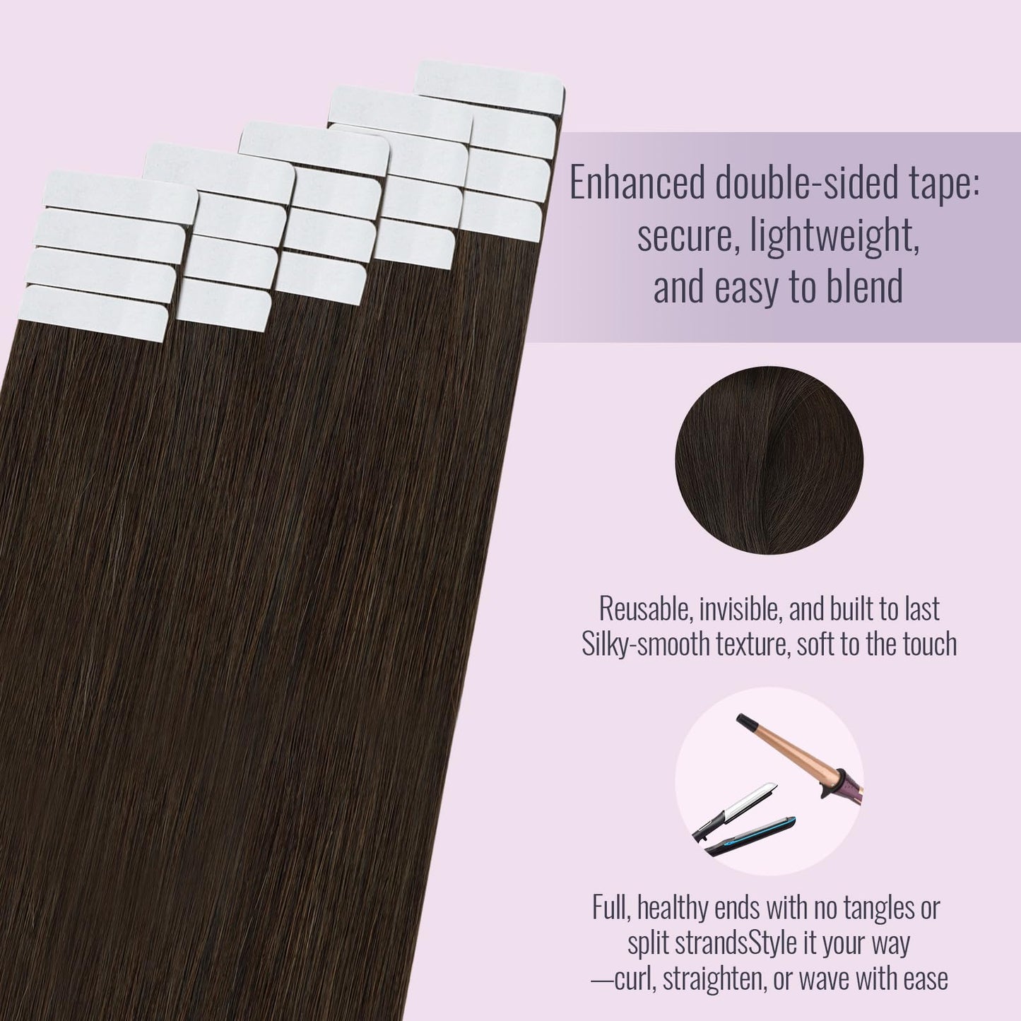 Fshine Tape in Hair Extensions Dark Brown Skin Weft Remy Human Hair, Full Head Straight Natural Extensions, Seamless Invisible Adhesive, Perfect for Daily Wear, Vacations,20pcs, 18 Inch 50g