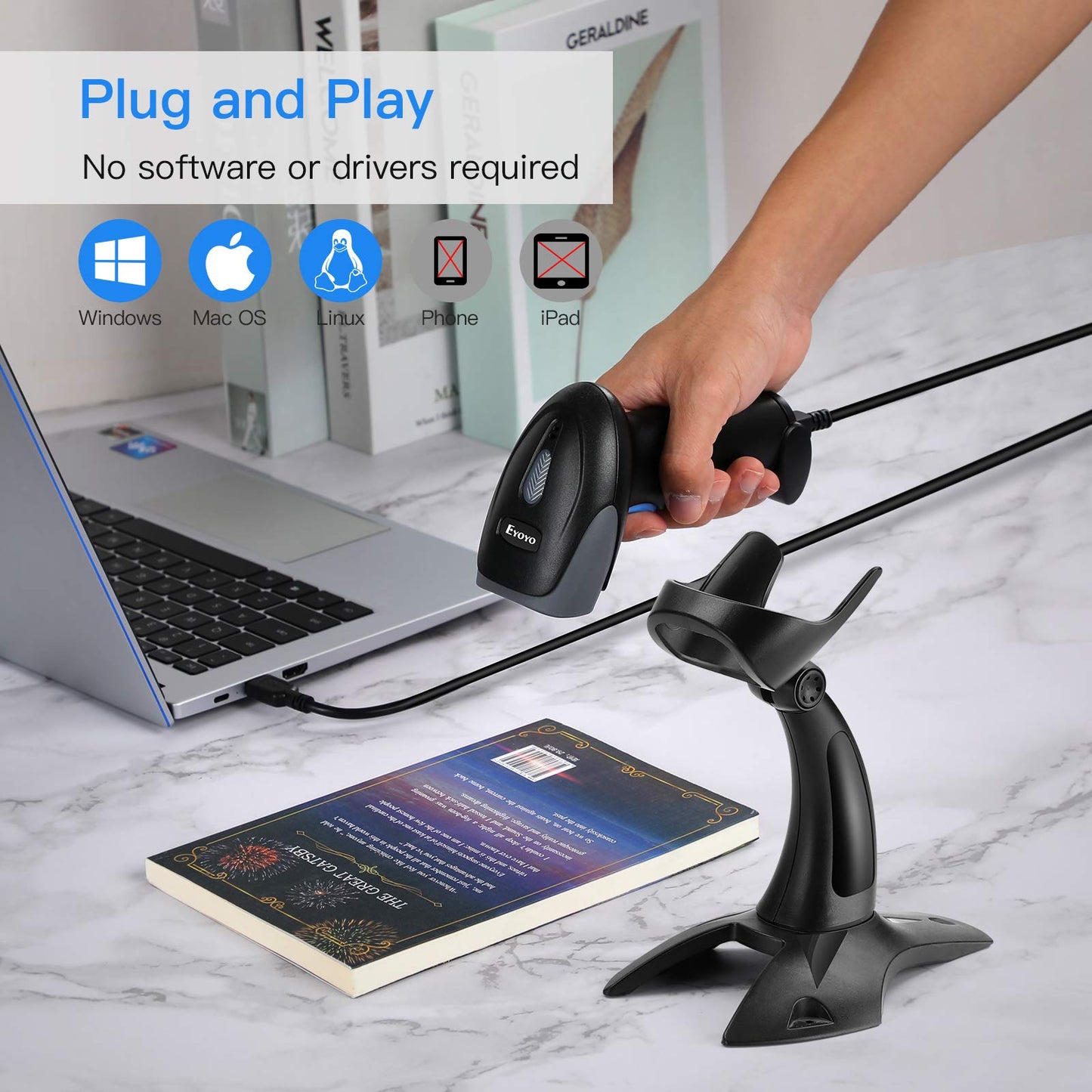 Eyoyo 1D 2D USB Wired Barcode Scanner with Stand, Handheld Scanner for Inventory Management, Portable Bar Code/QR Code Reader Screen Scanning Auto Sensing- Handsfree Scanner