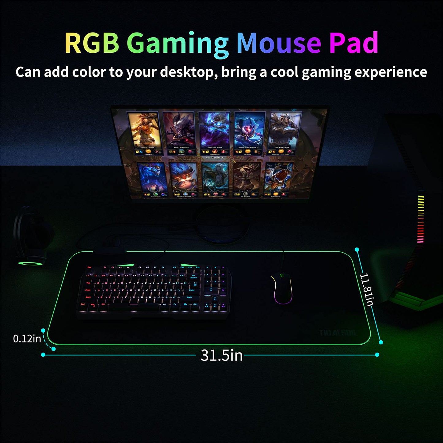 TIDALSOIL RGB Gaming Mouse Pad with 4-Port USB Hub and 13 Lighting Modes, Oversize Anti-Slip Rubber Base with Waterproof Coating Mouse Mat for Computer PC Games, 80 x 30 cm, Black