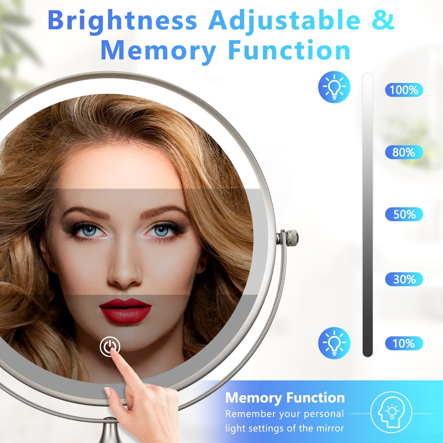 9" Wall Mounted Lighted Makeup Mirror, Rechargeable 1X/15X Magnifying Mirror with Light Double Sided, 3 Color Lights Dimmable 360 Rotation Shaving Light up Mirror with Hook, Nickel