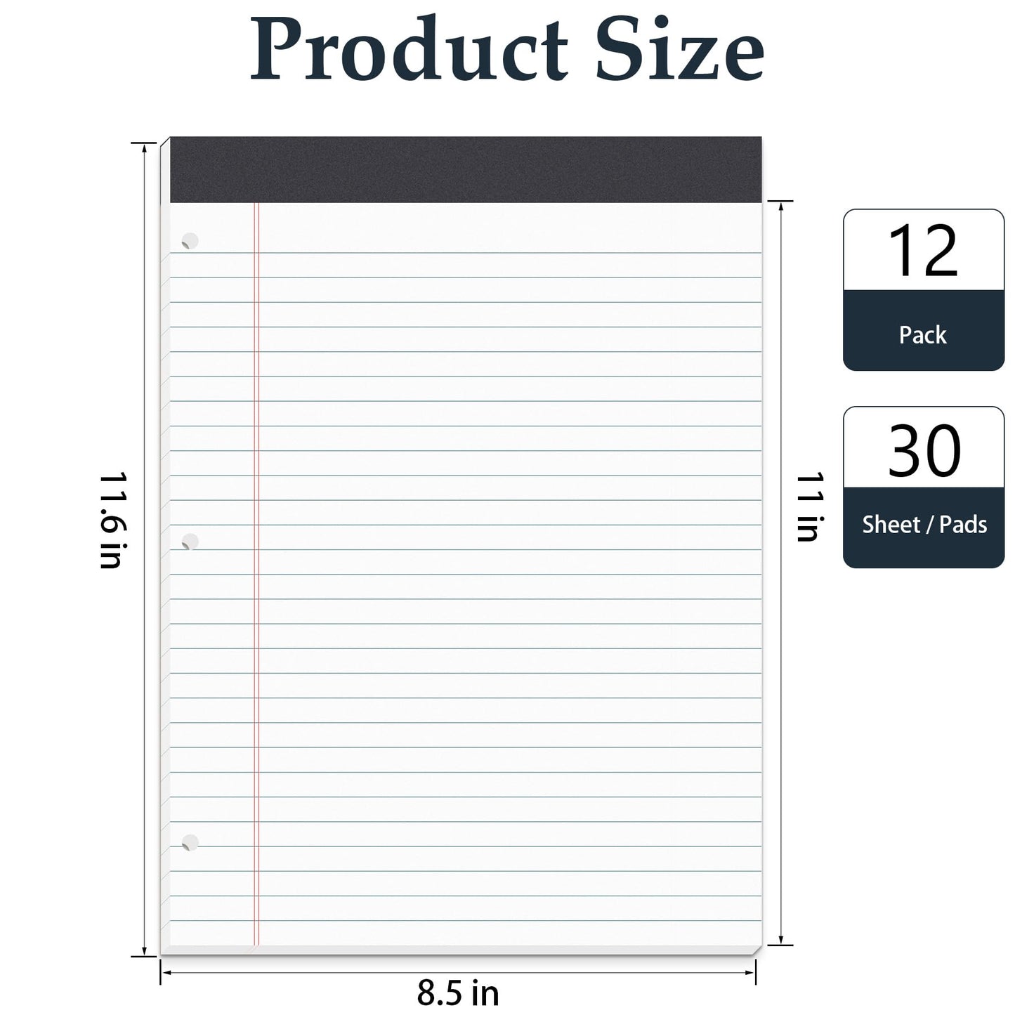 HAUTOCO 12 Pack Legal Pads 8.5 x 11 White Wide Ruled Notepads Perforated Writing Pads, 30 Sheets Per Notepad, 3-Hole Punched Lined Paper, Writing Note Pads for School, Home, Office, Business