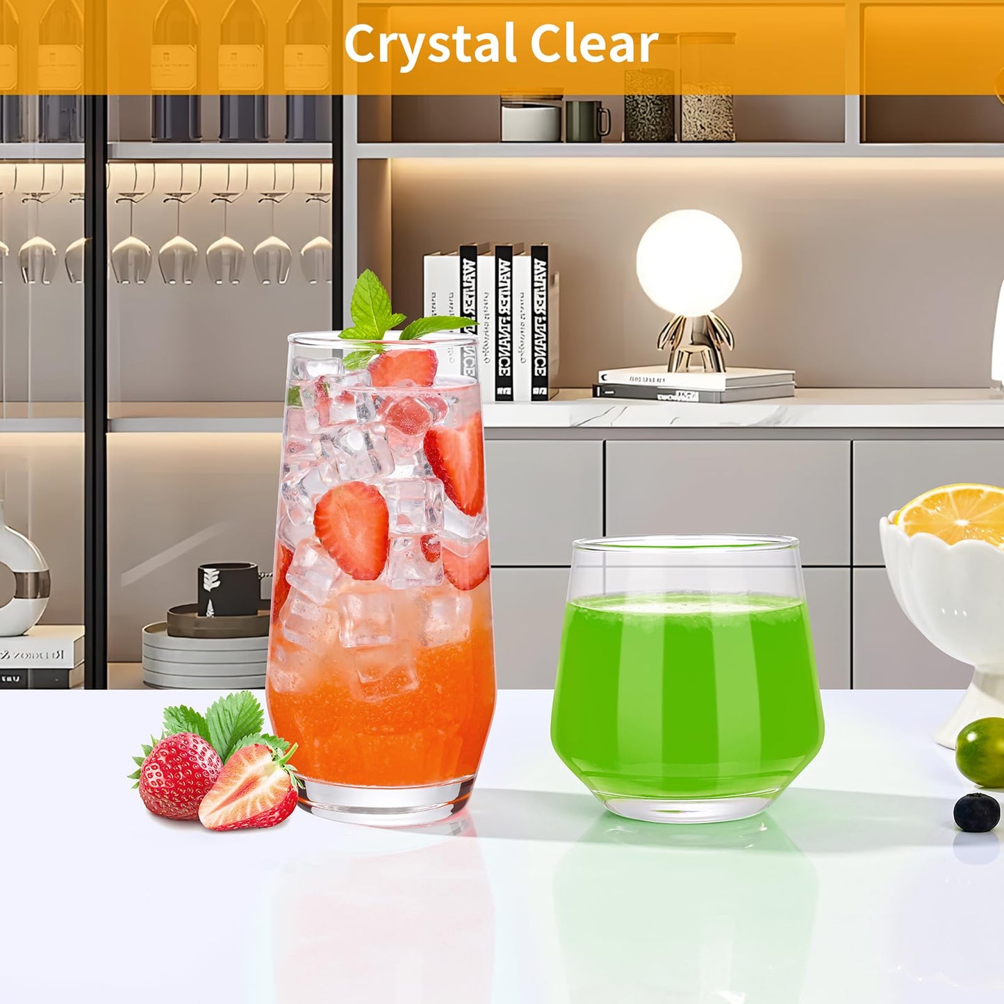 ZMOWIPDL Drinking Glasses Set of 8,Clear 13oz & 18oz Crystal Glass Cups,Drinkware Glassware,Highball Water Tumbler,Short Stemless Wine Glasses,for Beer,Cocktail,Whiskey,Juice and Various Mixed Drinks