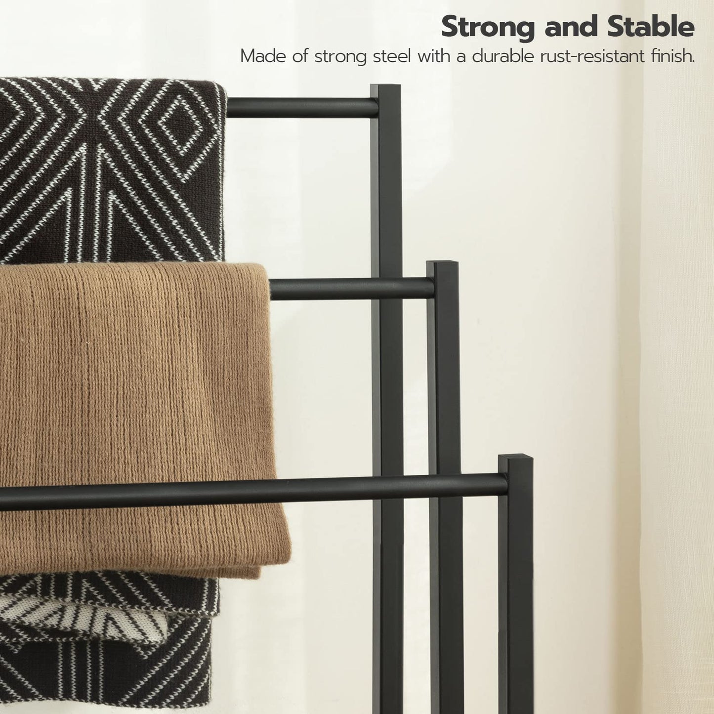 HOOBRO Freestanding Towel Rack, 3 Tier Metal Blanket Rack, Blanket Ladder Holder for Bathroom, 43 x 28 x 81 cm, Industrial Drying and Display Rack with Shelf, Rustic Brown and Black BF03LB01