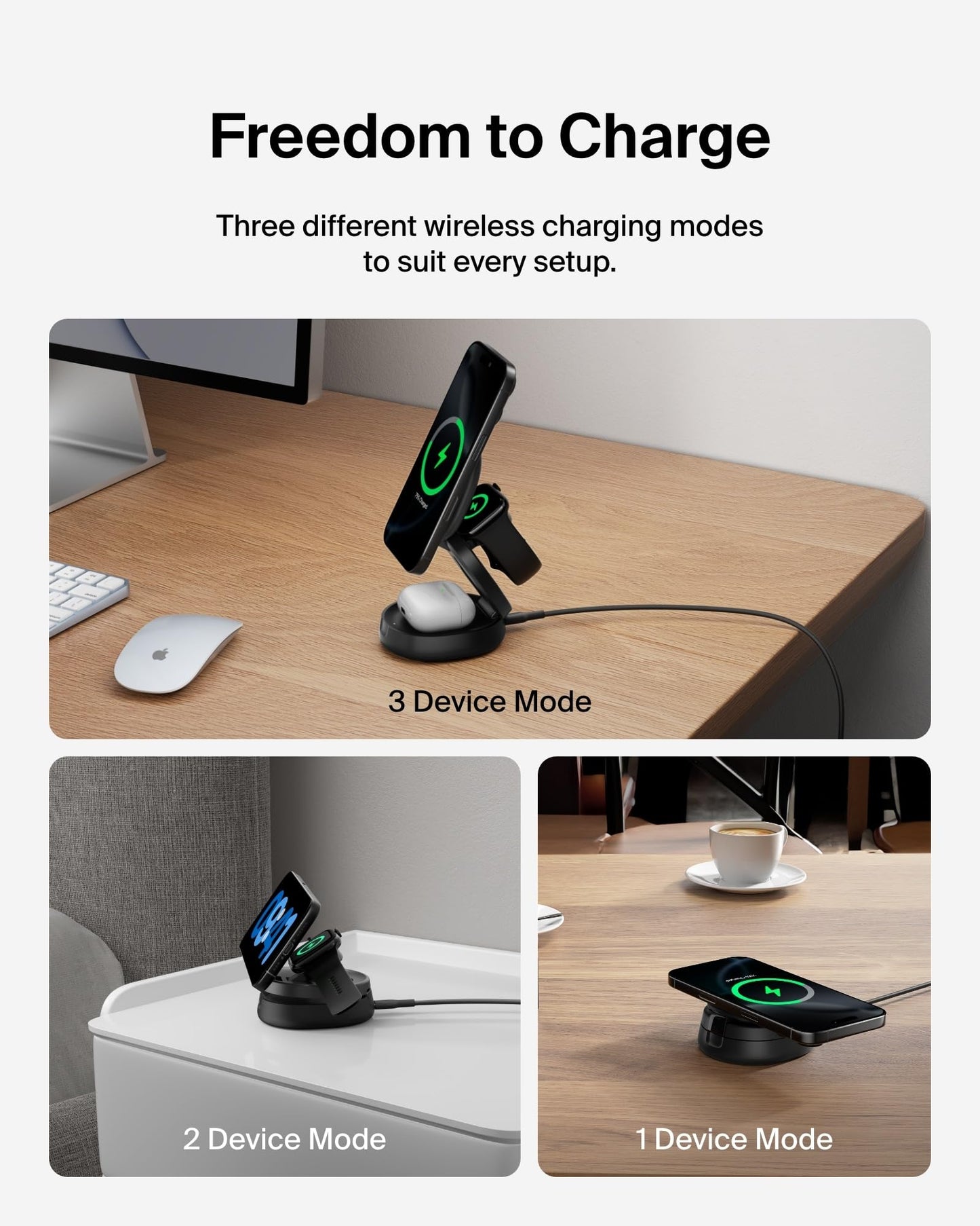 Belkin MagSafe Charger Compatible, 3-in-1 Qi2 Wireless Charging Station 15W, Convertible Wireless Charger for iPhone 17, Apple Watch, AirPods, Portable Phone Stand for Travel w/ 36W Adapter - Black