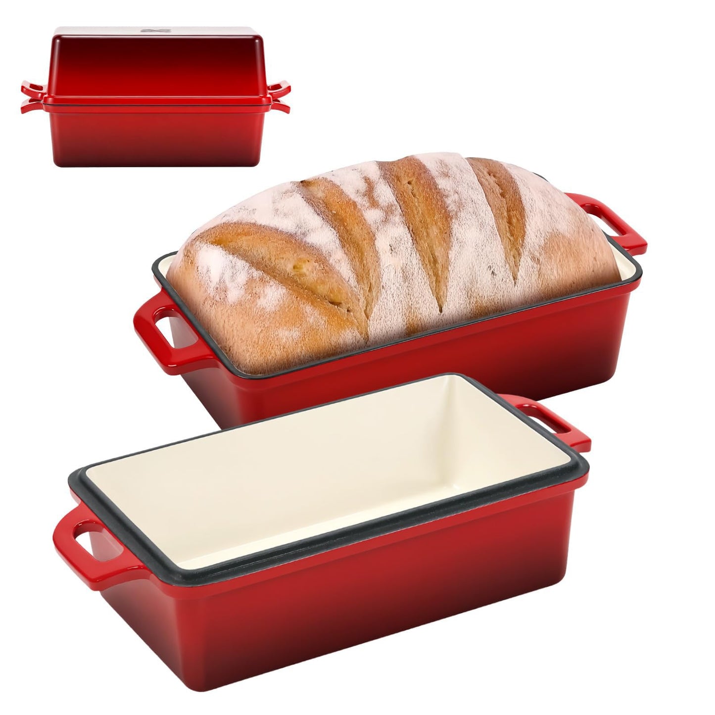 Northriver Casting 9x5 Inch Enameled Cast Iron Bread Loaf Pan with Lid, Perfect Sourdough Baking Pans | Even Heat Distribution for Homemade Bread, Cake, Meatloaf，2 Piece set，Red