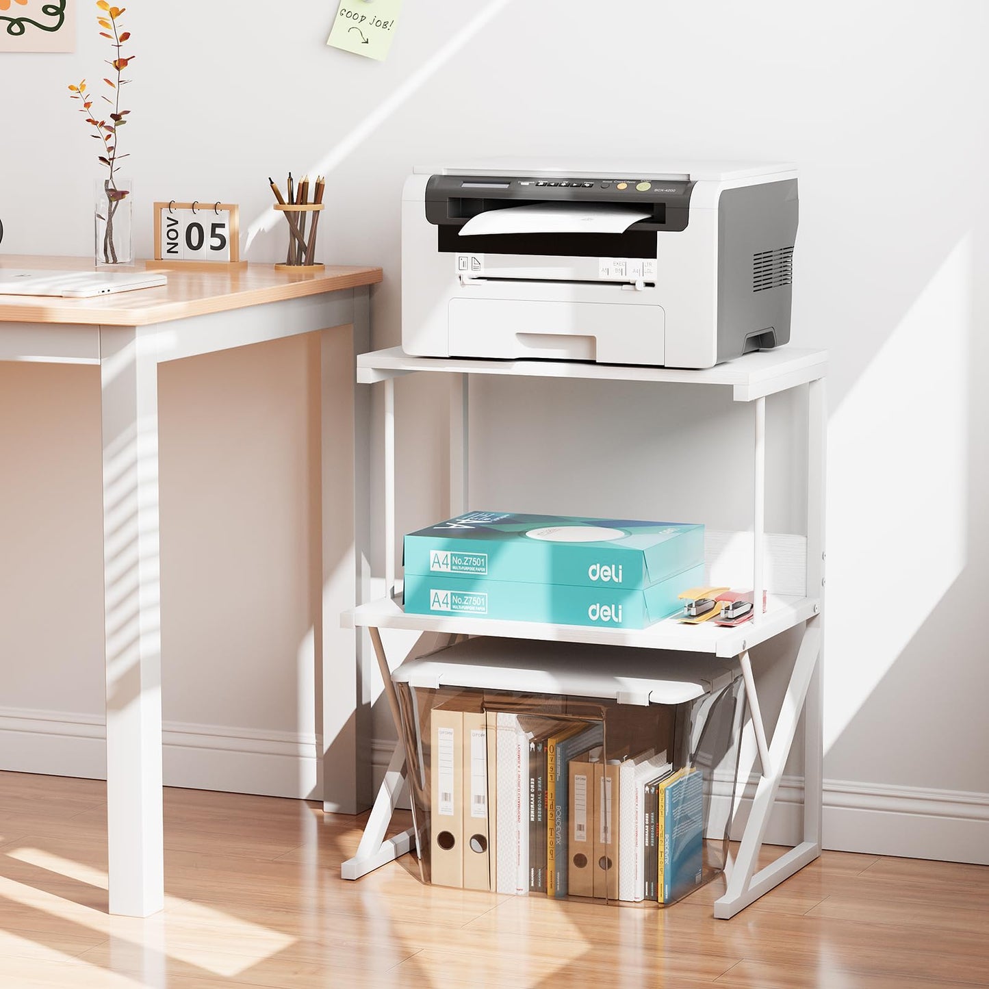 aboxoo Printer Stand for Desk, Desktop Printer Shelf Large Printer Stands 3 Tiers Multi-Purpose Desk Office Organization Shelves for Home Office Printer Fax Book, White